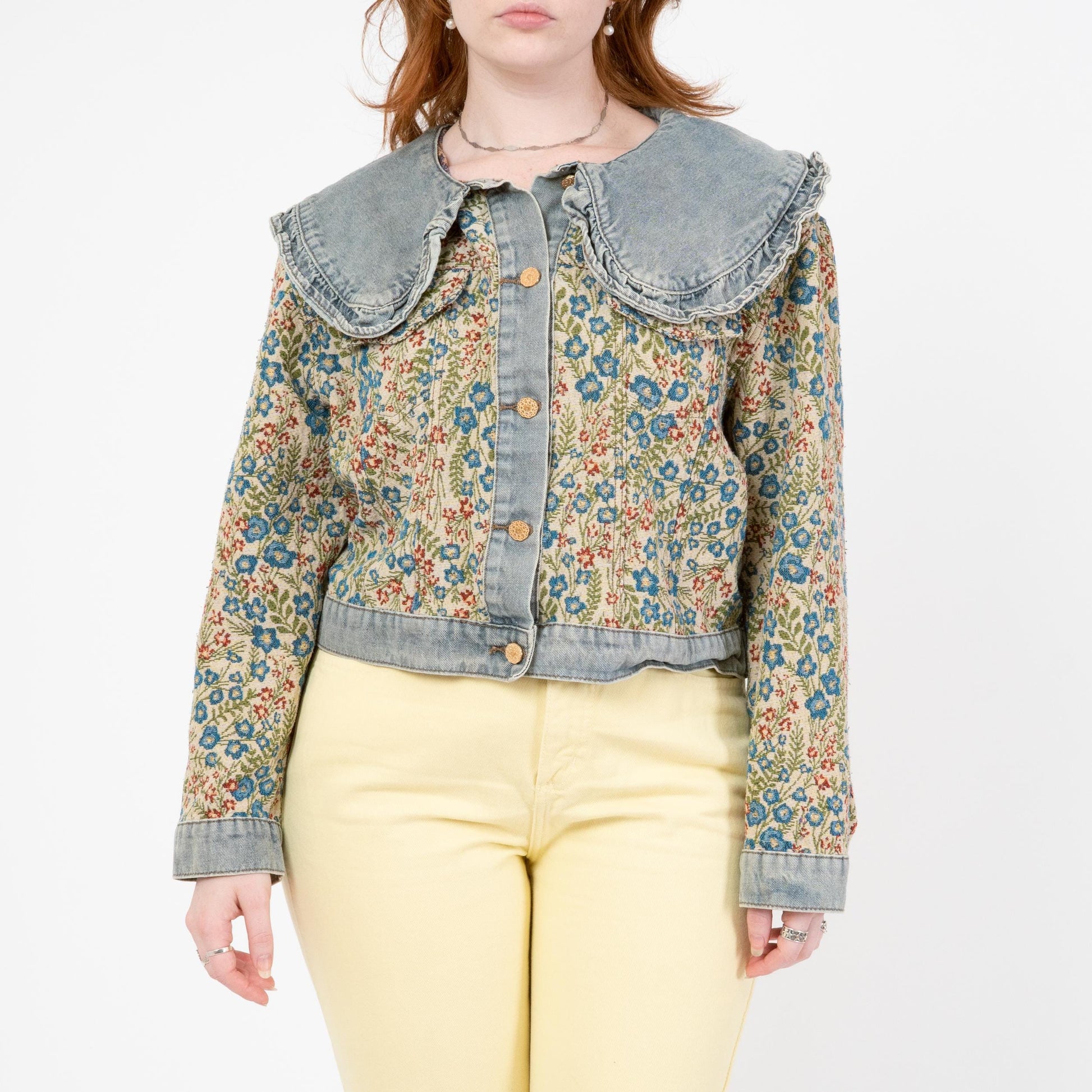 Vintage 80s Denim & Floral Tapestry Jacket - Large to XL Tall | Bib Collar Cropped Jean Jacket