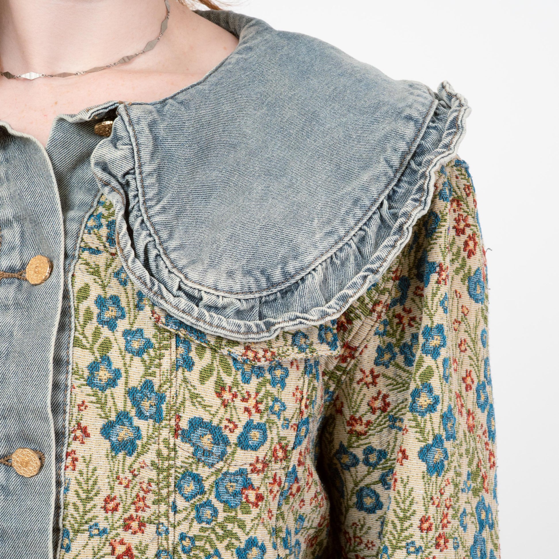 Vintage 80s Denim & Floral Tapestry Jacket - Large to XL Tall | Bib Collar Cropped Jean Jacket