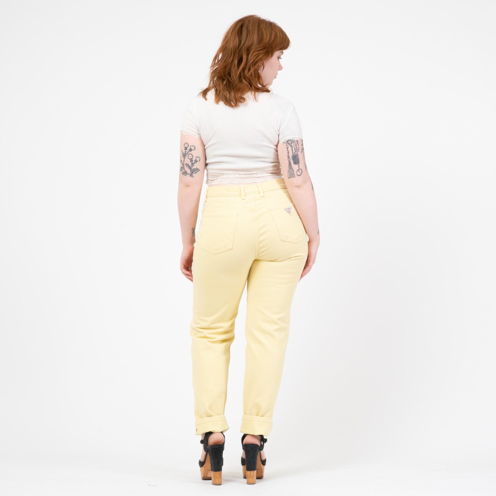 Vintage 90s Guess Pastel Yellow High Waisted Jeans - Large, 32" Waist | Slim Leg Denim Mom Jeans