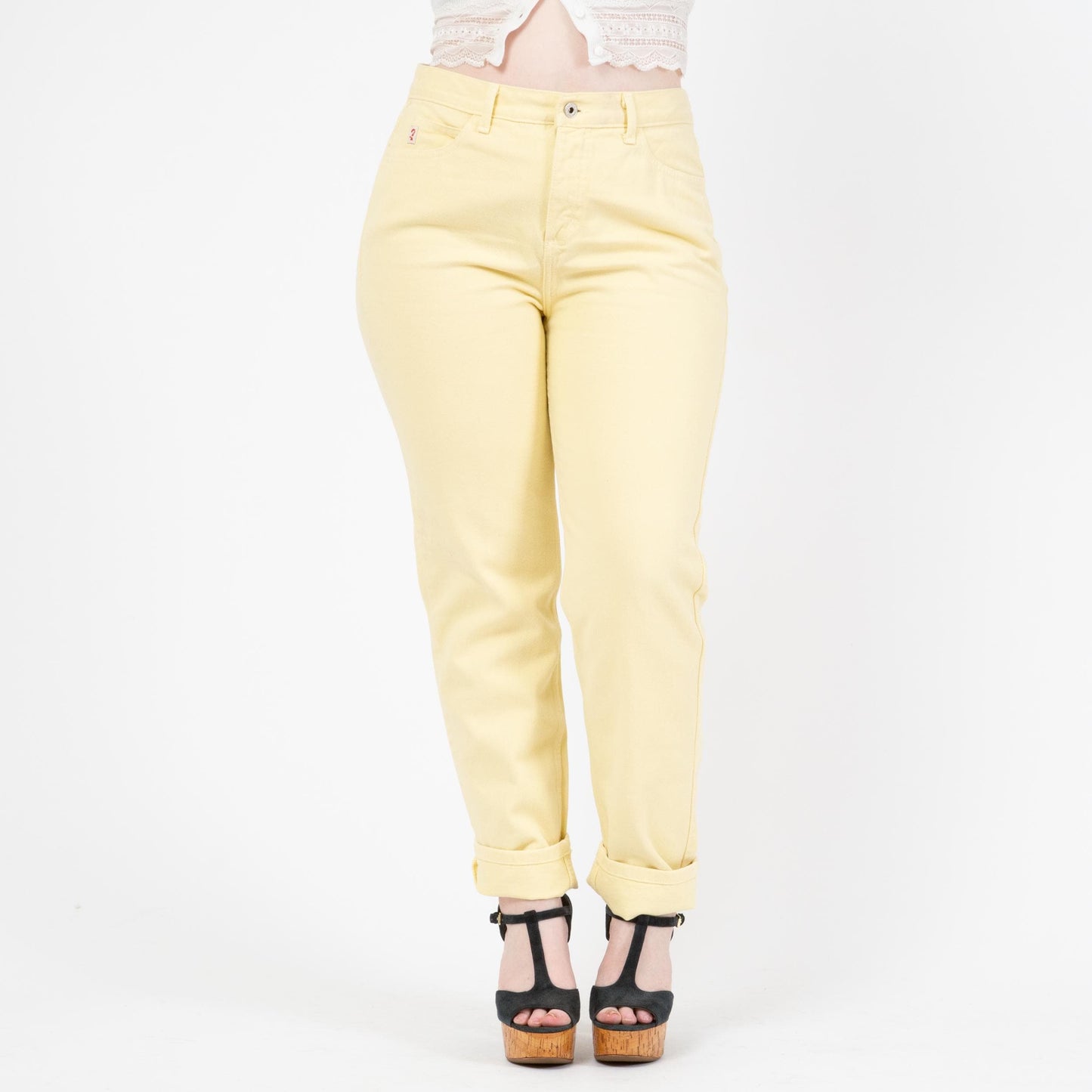Vintage 90s Guess Pastel Yellow High Waisted Jeans - Large, 32" Waist | Slim Leg Denim Mom Jeans