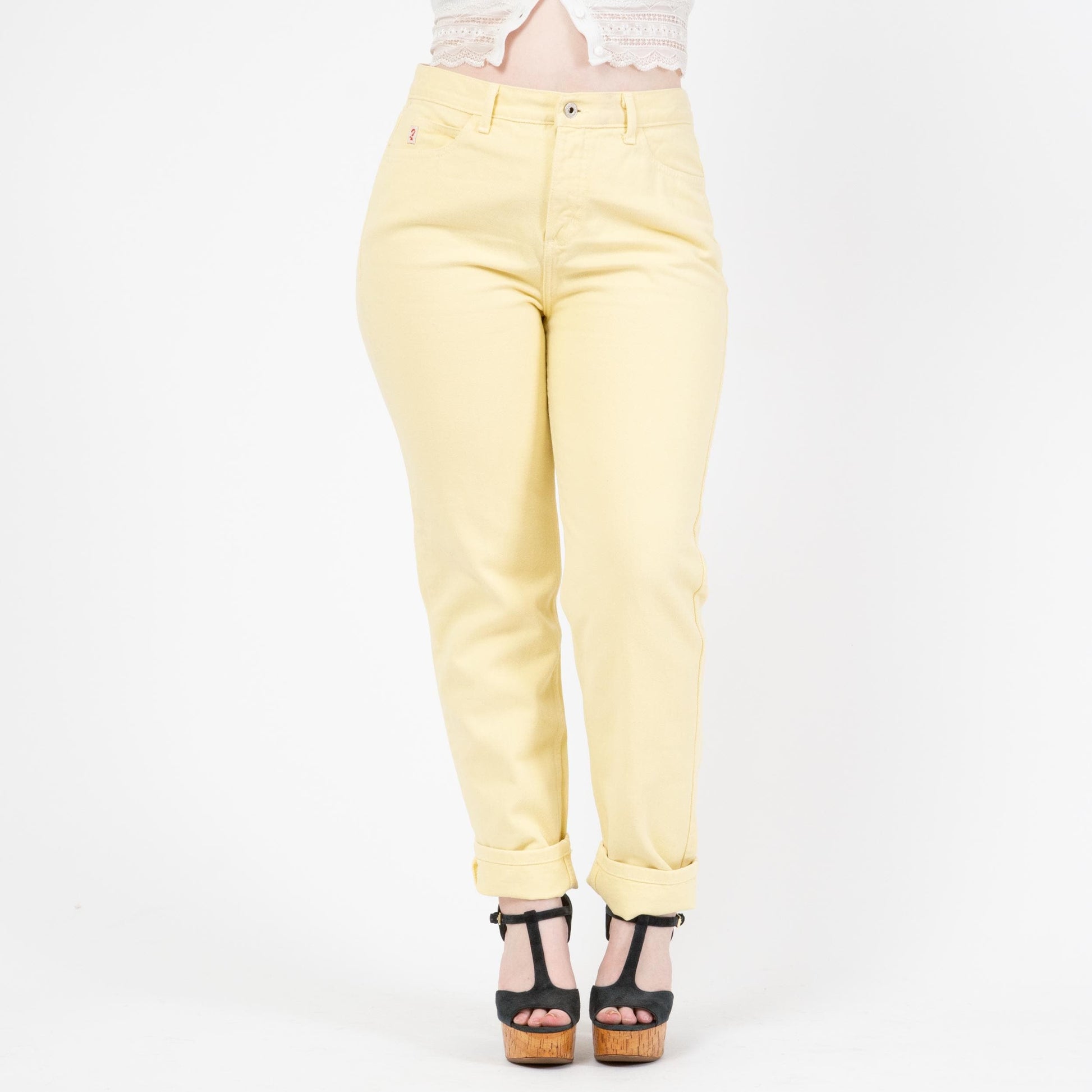 Vintage 90s Guess Pastel Yellow High Waisted Jeans - Large, 32" Waist | Slim Leg Denim Mom Jeans
