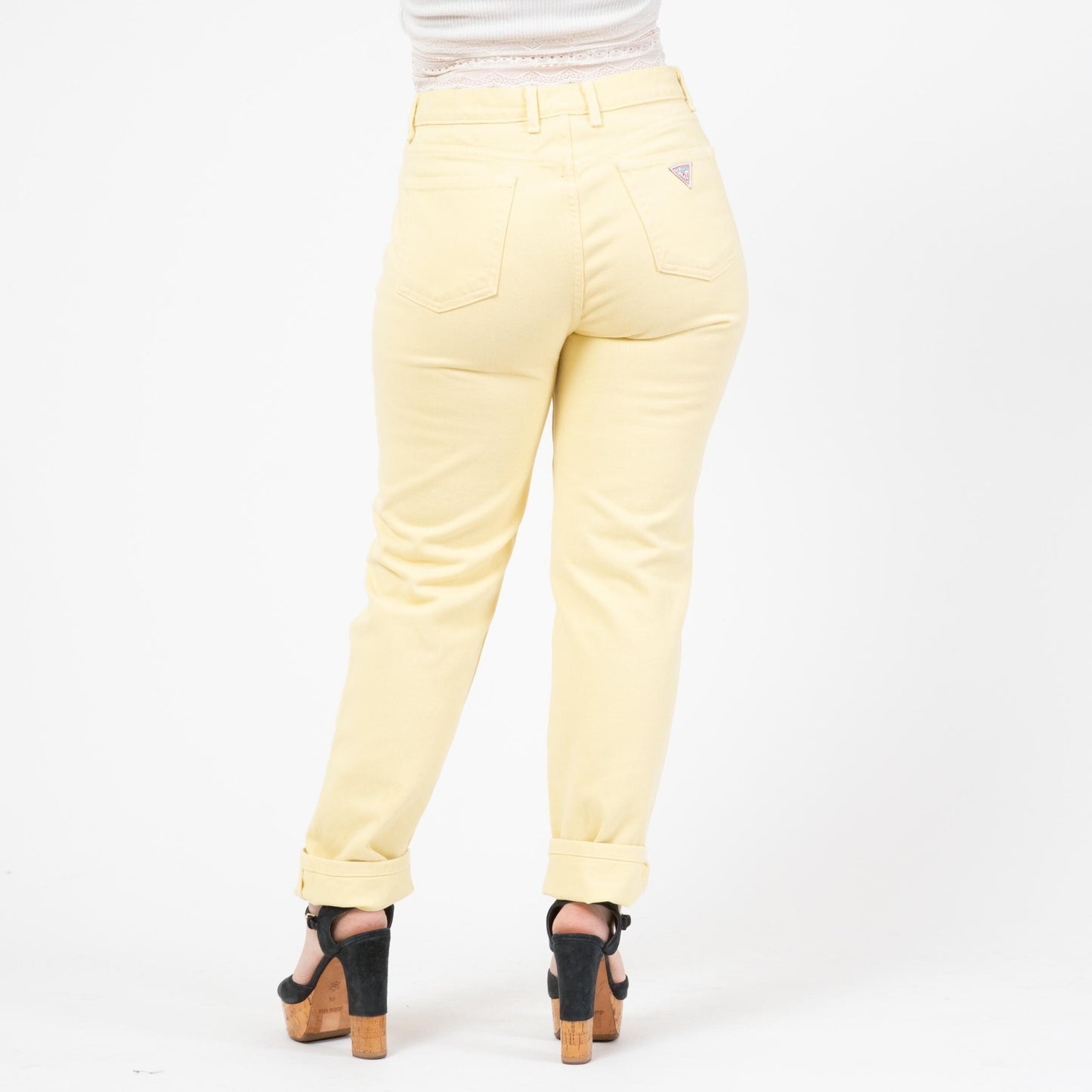 Vintage 90s Guess Pastel Yellow High Waisted Jeans - Large, 32" Waist | Slim Leg Denim Mom Jeans