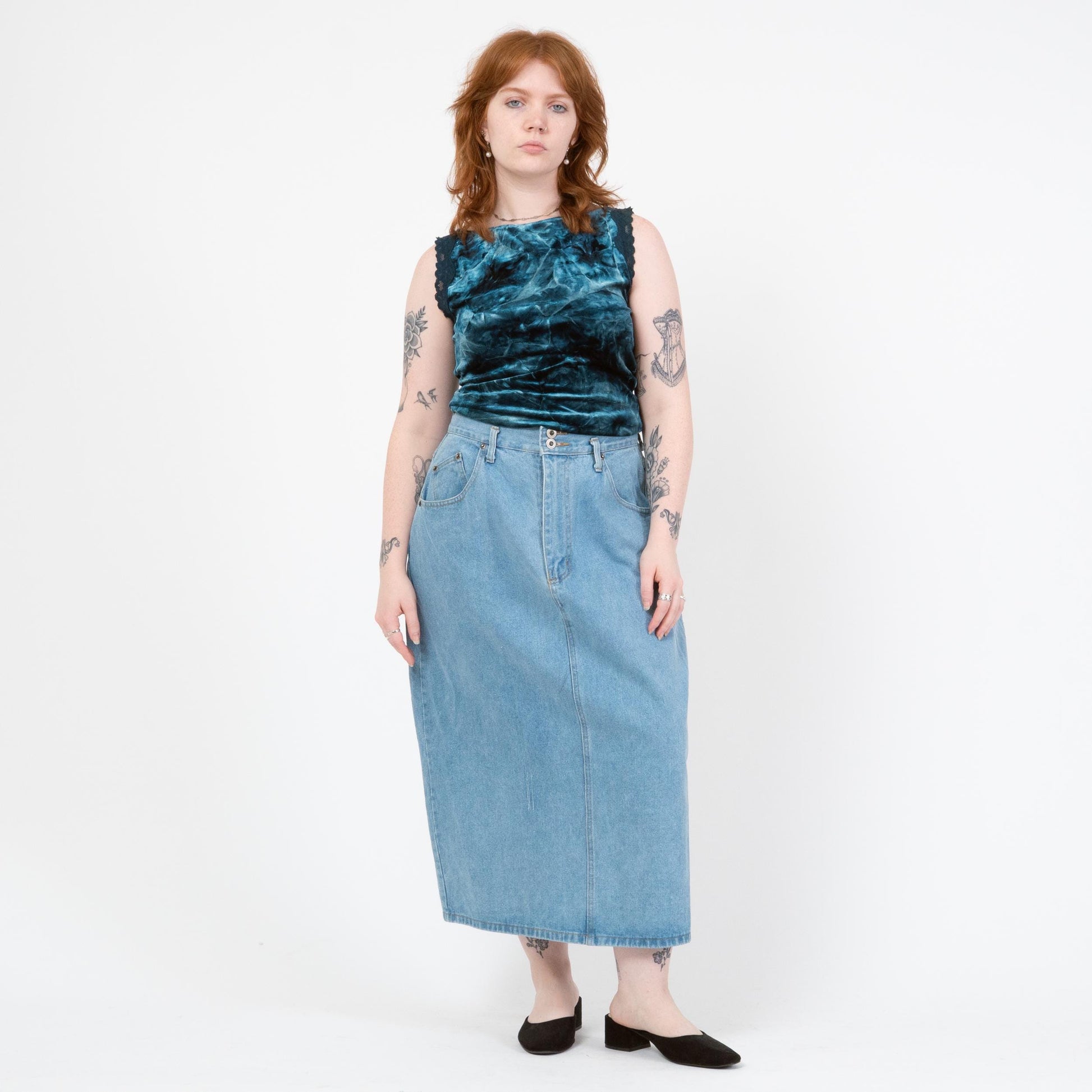 Vintage 90s Light Wash Denim Maxi Skirt - Large, 32" Waist | High Rise Long Straight Jean Skirt