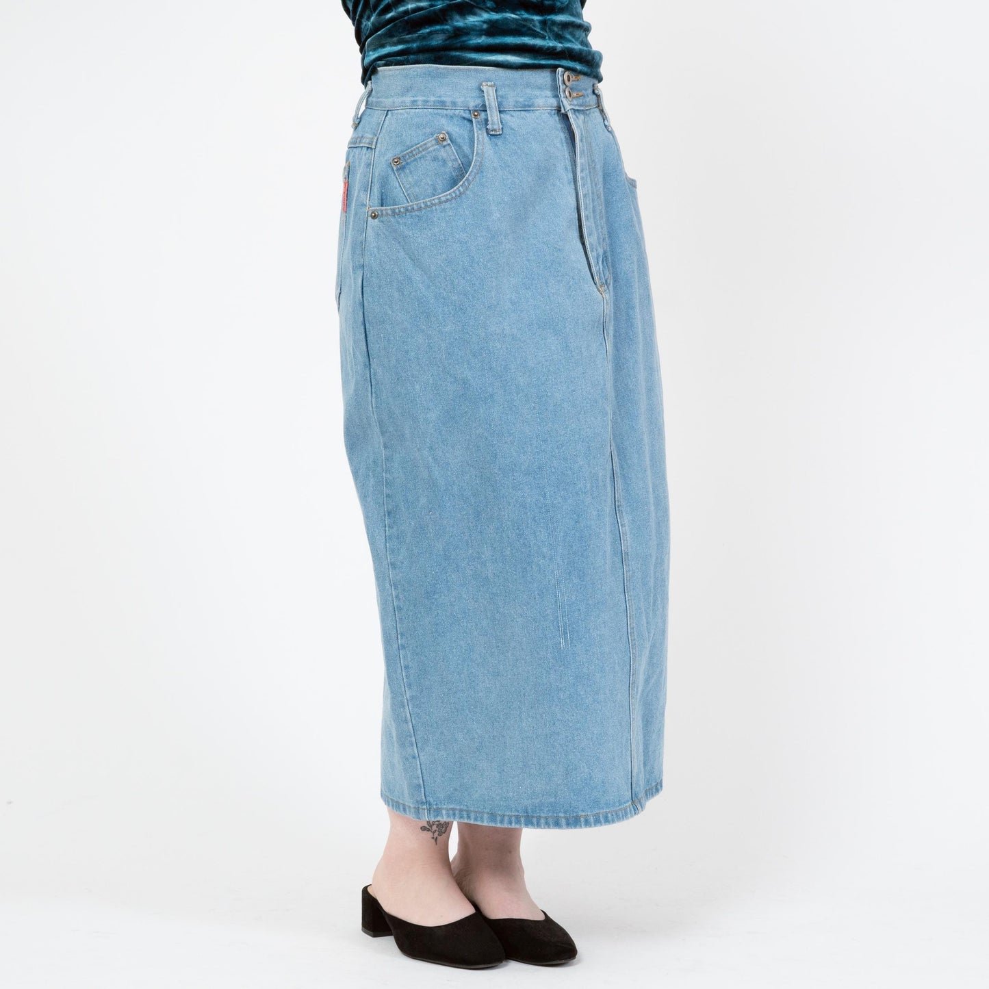 Vintage 90s Light Wash Denim Maxi Skirt - Large, 32" Waist | High Rise Long Straight Jean Skirt
