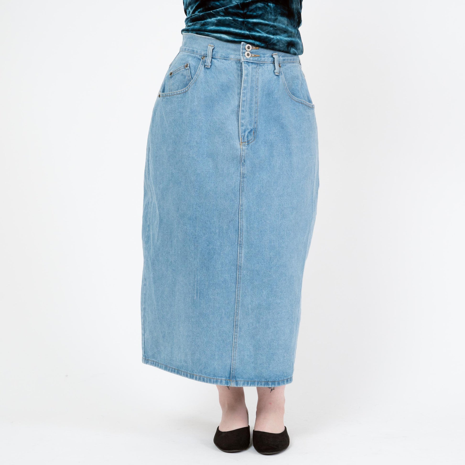 Vintage 90s Light Wash Denim Maxi Skirt - Large, 32" Waist | High Rise Long Straight Jean Skirt