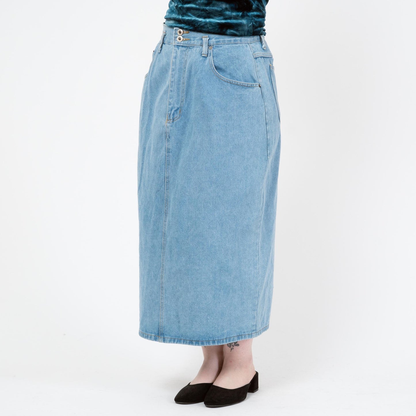 Vintage 90s Light Wash Denim Maxi Skirt - Large, 32" Waist | High Rise Long Straight Jean Skirt