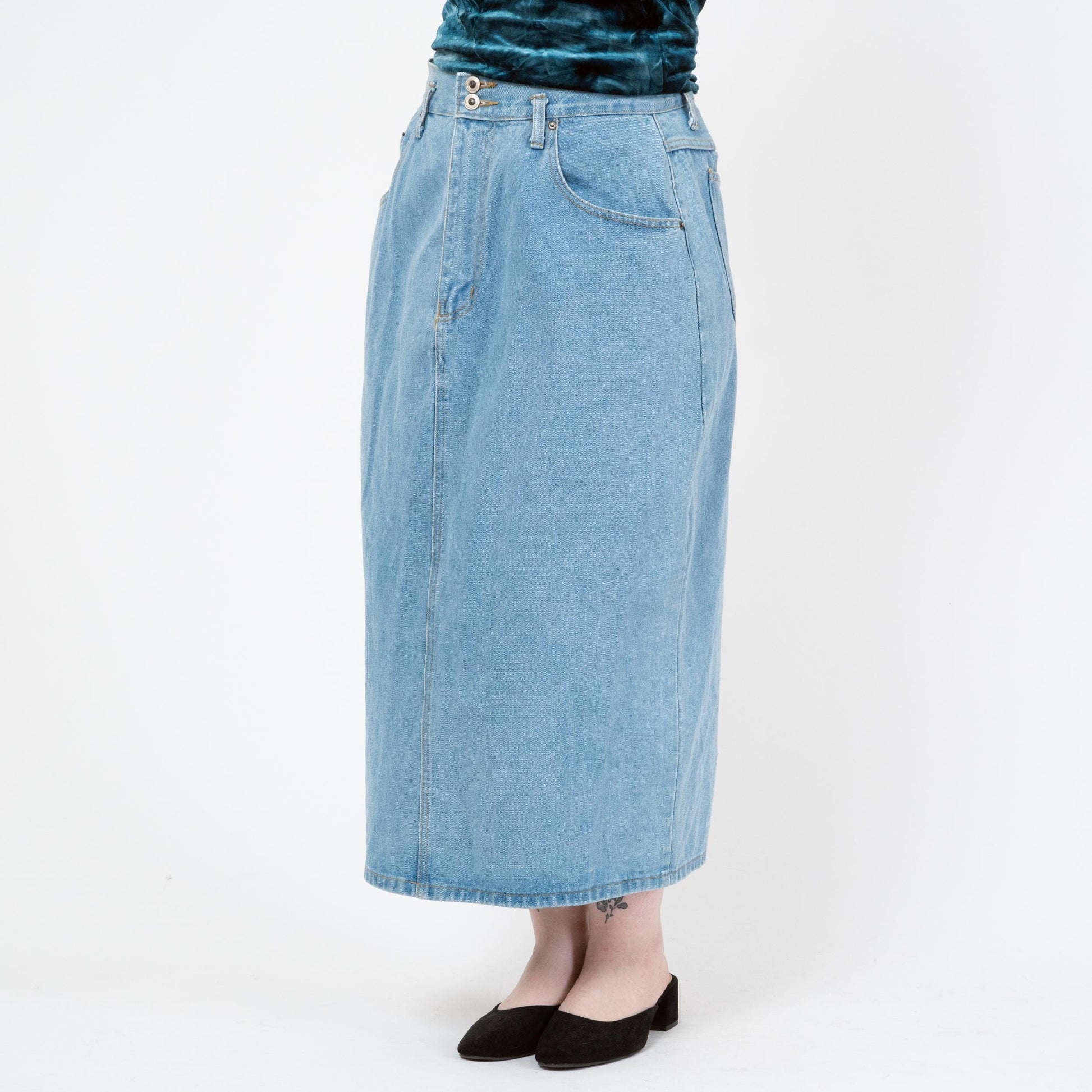 Vintage 90s Light Wash Denim Maxi Skirt - Large, 32" Waist | High Rise Long Straight Jean Skirt