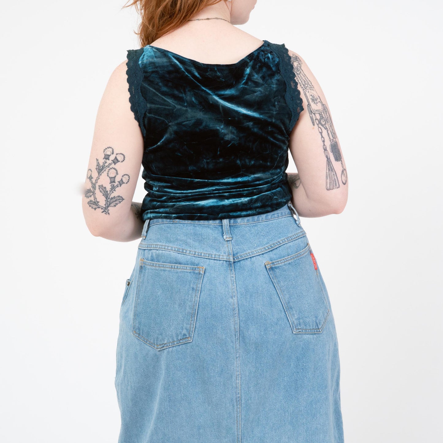Vintage 90s Dark Teal Crushed Velvet Tank - Medium to Large | Lace Trim Boatneck Top