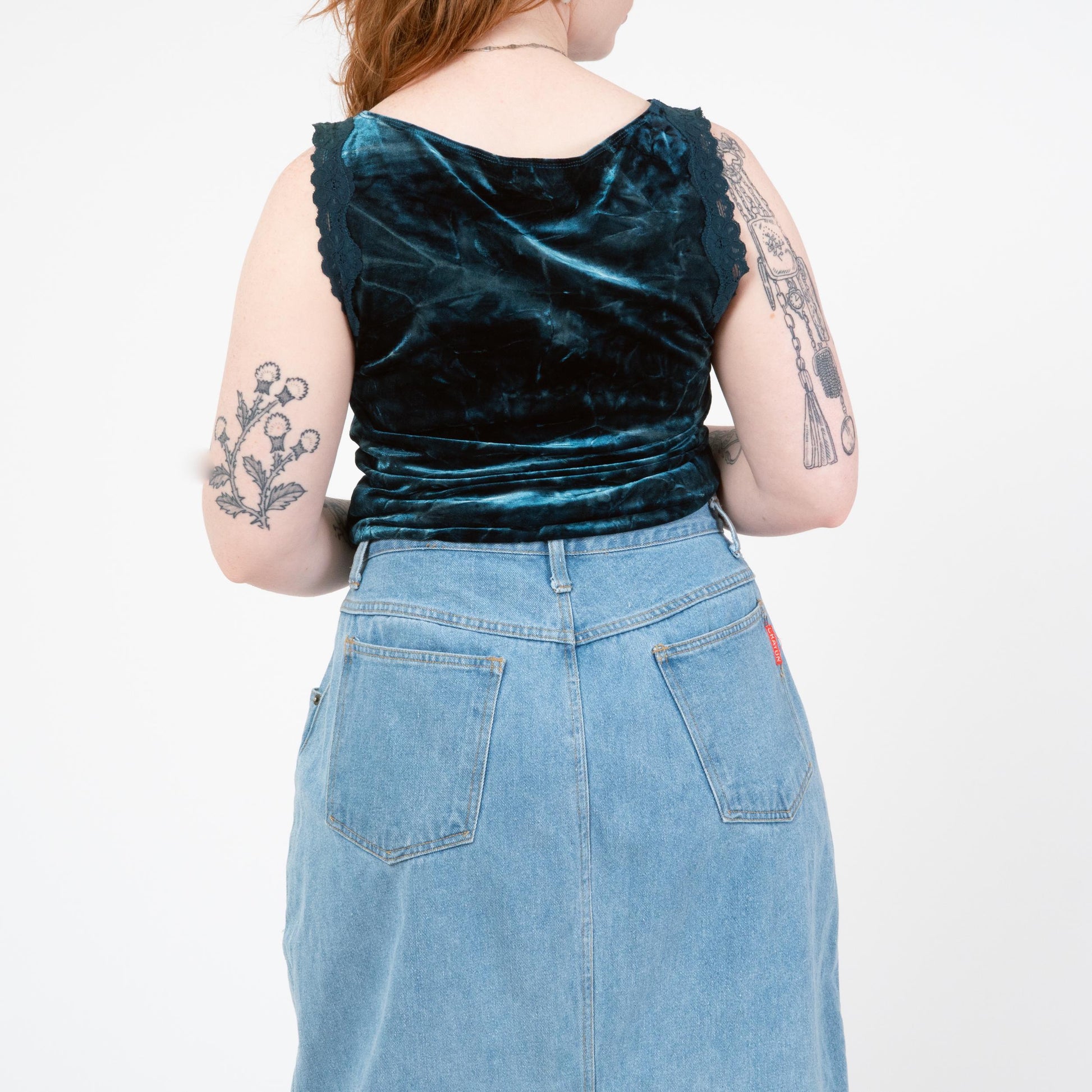 Vintage 90s Dark Teal Crushed Velvet Tank - Medium to Large | Lace Trim Boatneck Top