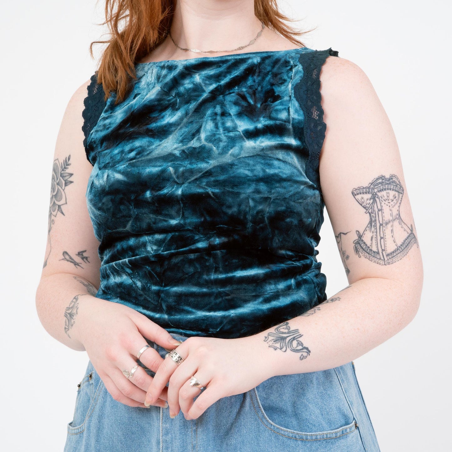 Vintage 90s Dark Teal Crushed Velvet Tank - Medium to Large | Lace Trim Boatneck Top