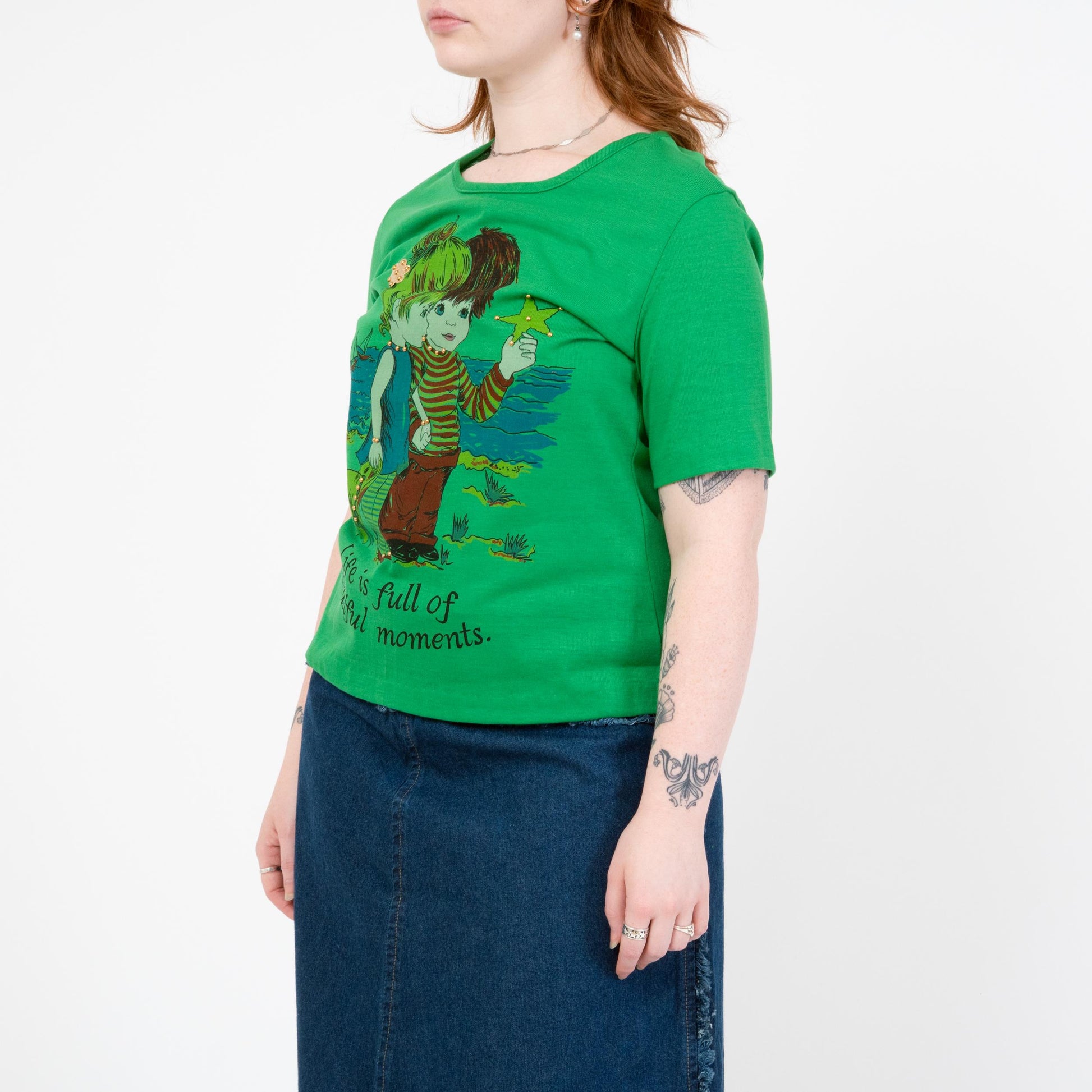 Vintage 70s Big Eye Kids Novelty Graphic Tee - Large | "Life Is Full Of Beautiful Moments" Studded Green T Shirt