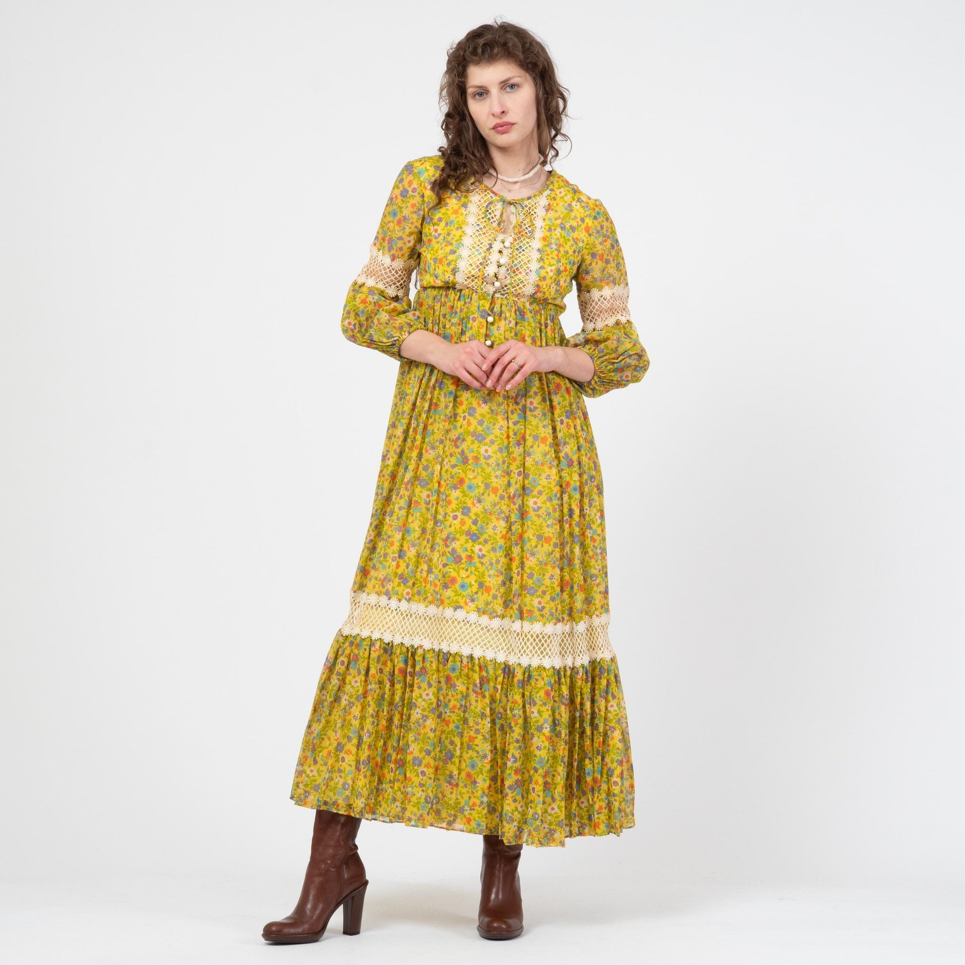 Vintage 70s Yellow Floral Crochet Trim Maxi Dress - Small | Boho Renaissance Bishop Sleeve Hippie Gown