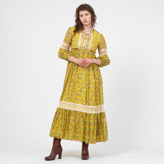 Vintage 70s Yellow Floral Crochet Trim Maxi Dress - Small | Boho Renaissance Bishop Sleeve Hippie Gown