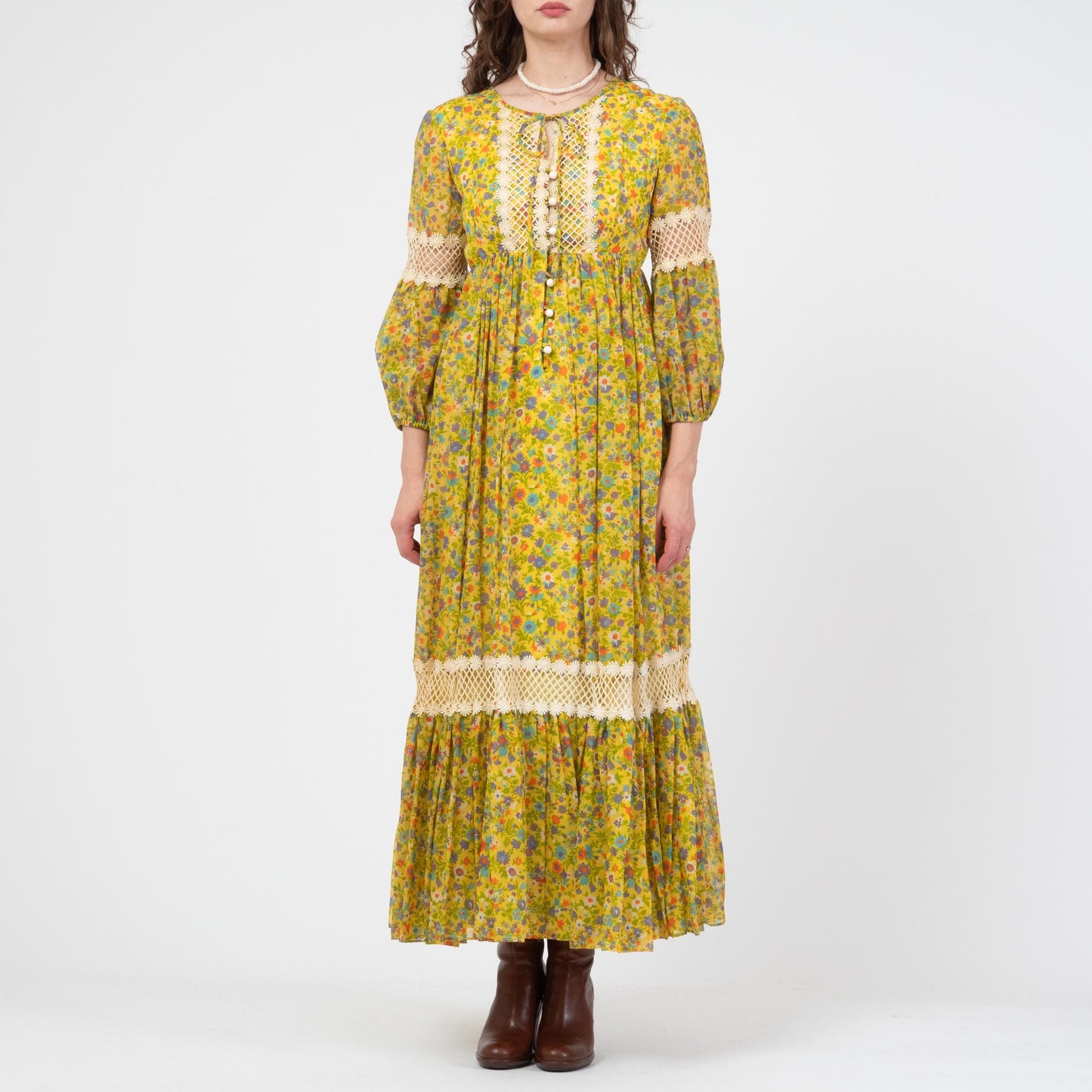 Vintage 70s Yellow Floral Crochet Trim Maxi Dress - Small | Boho Renaissance Bishop Sleeve Hippie Gown