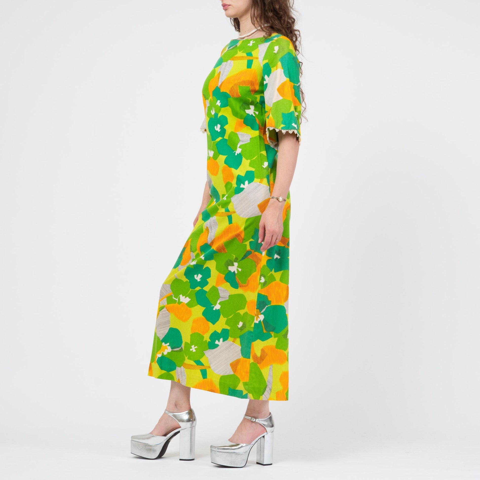 Vintage 60s Hawaiian Green Floral Angel Sleeve Maxi Dress - Small to Medium | Kuulei Honolulu Boho Barkcloth Sundress