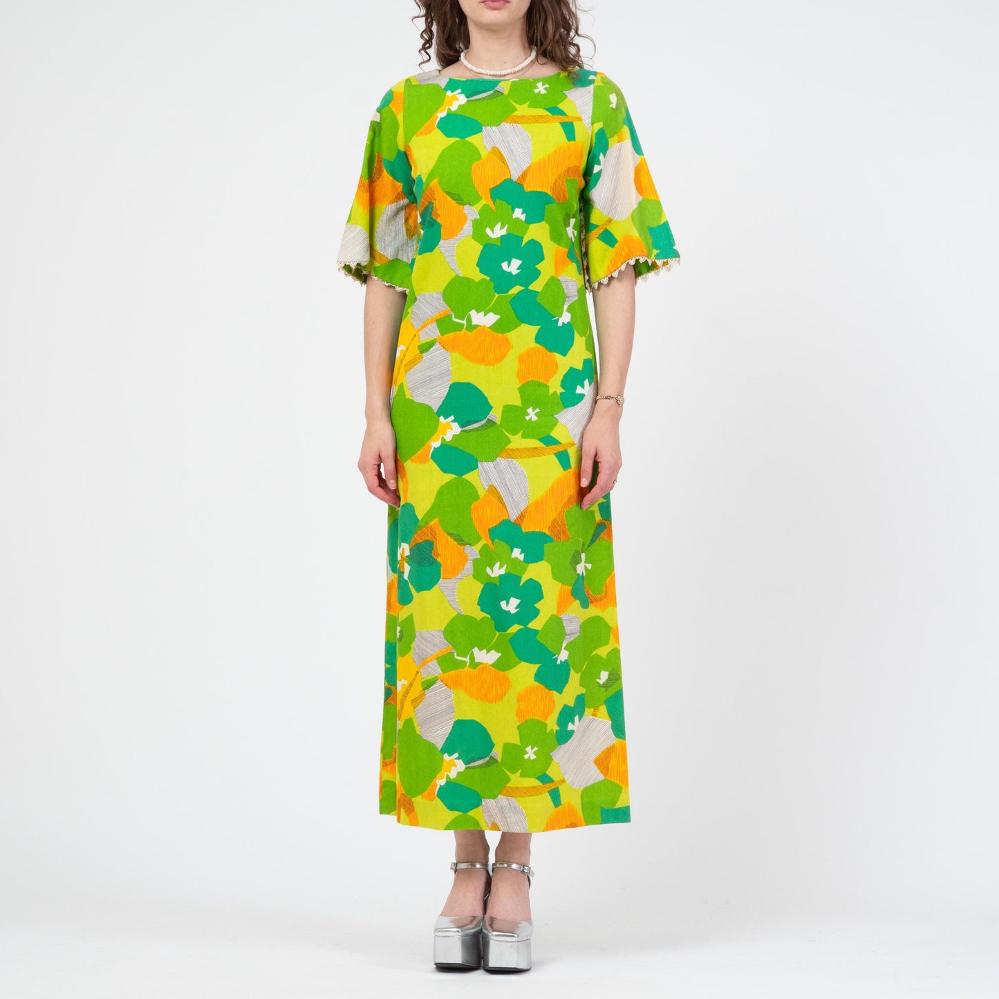 Vintage 60s Hawaiian Green Floral Angel Sleeve Maxi Dress - Small to Medium | Kuulei Honolulu Boho Barkcloth Sundress