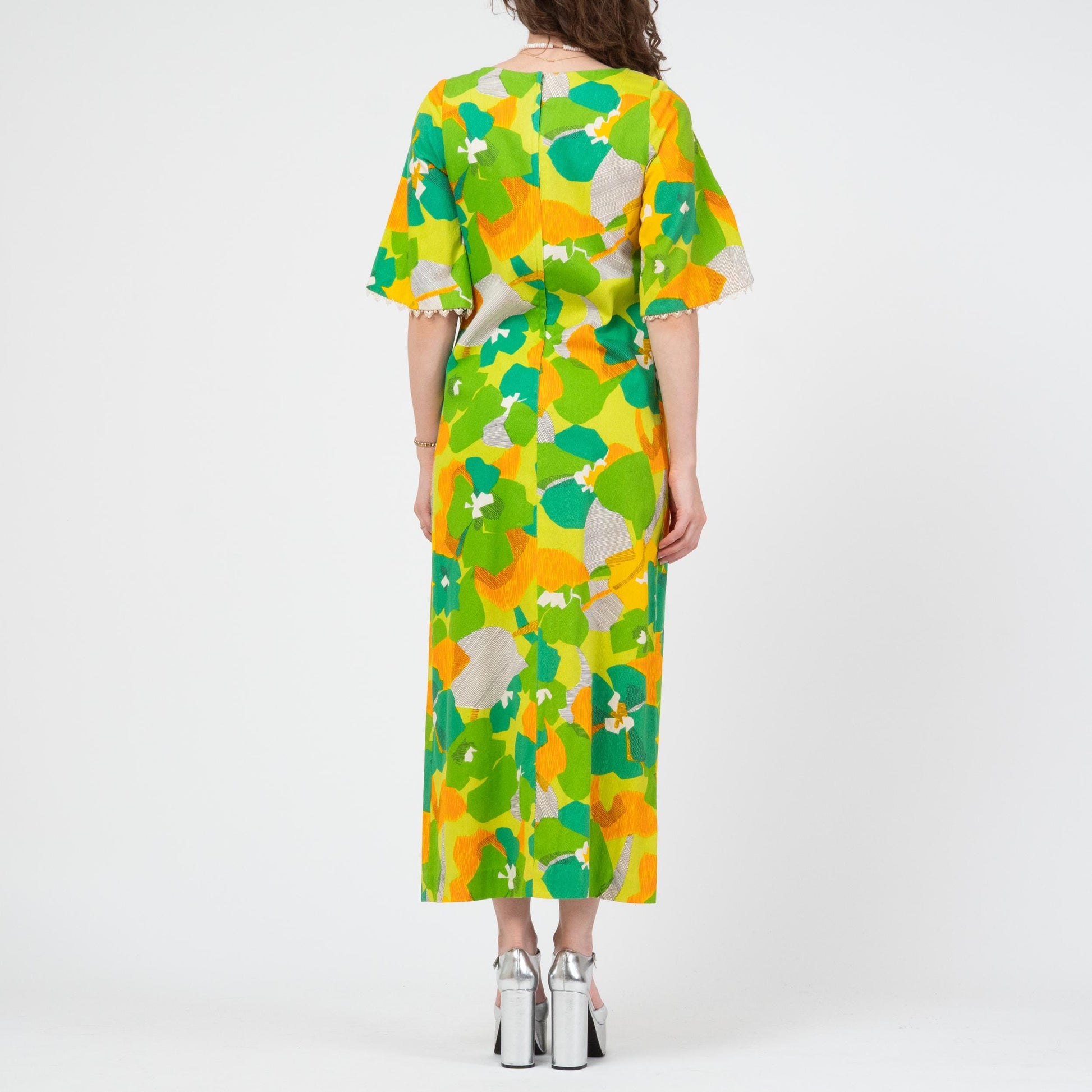 Vintage 60s Hawaiian Green Floral Angel Sleeve Maxi Dress - Small to Medium | Kuulei Honolulu Boho Barkcloth Sundress