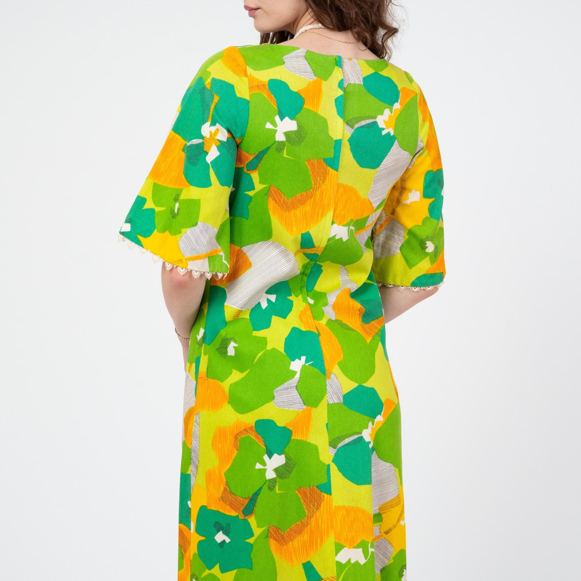 Vintage 60s Hawaiian Green Floral Angel Sleeve Maxi Dress - Small to Medium | Kuulei Honolulu Boho Barkcloth Sundress