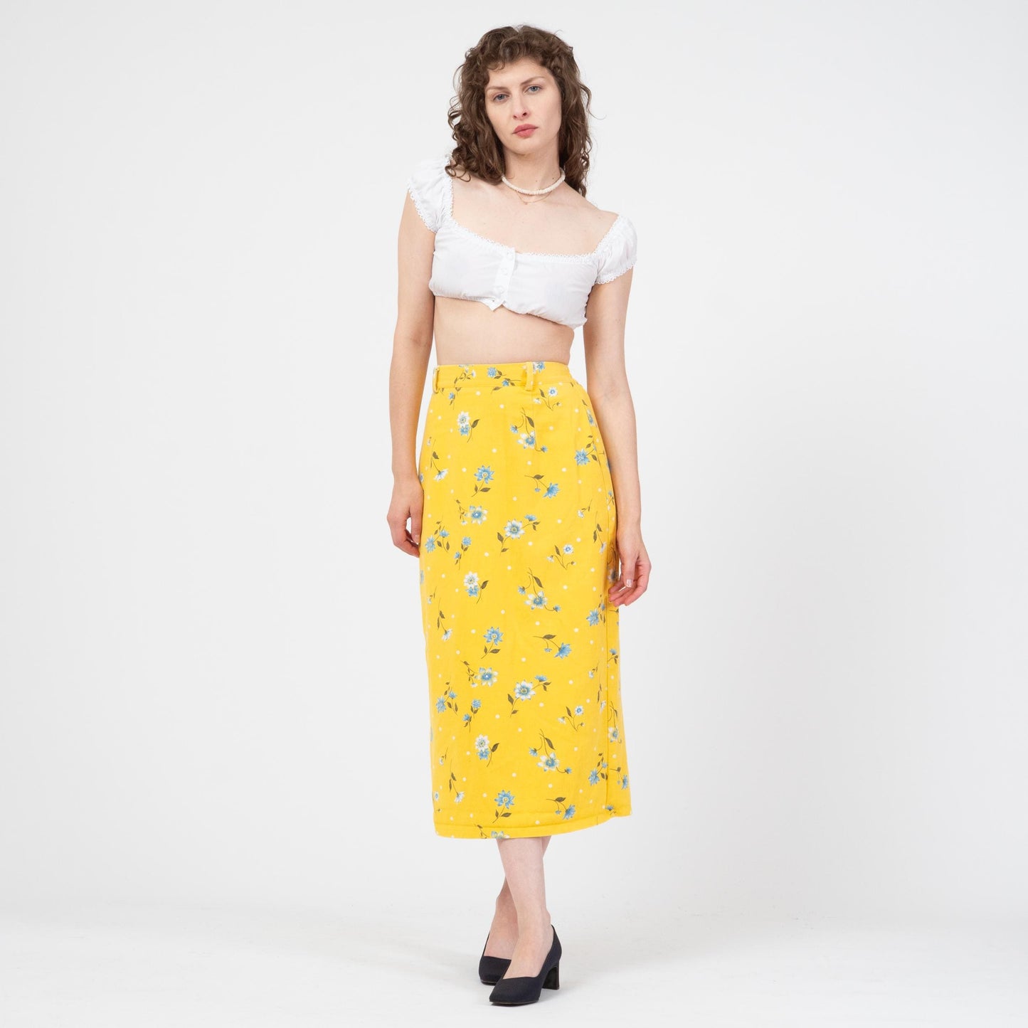 Vintage 90s Yellow Floral Denim Midi Skirt - Small | High Waisted Pencil Jean Skirt