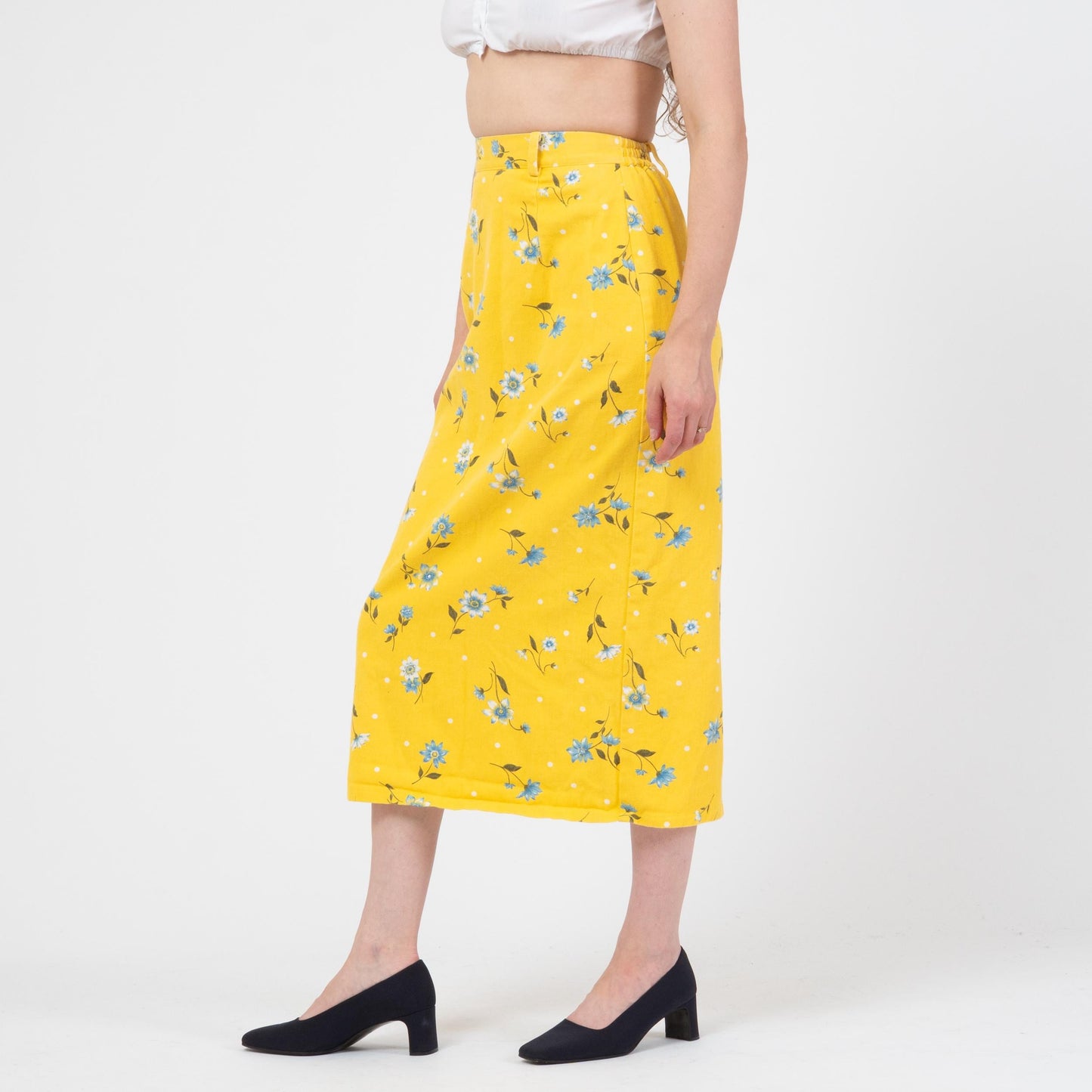 Vintage 90s Yellow Floral Denim Midi Skirt - Small | High Waisted Pencil Jean Skirt