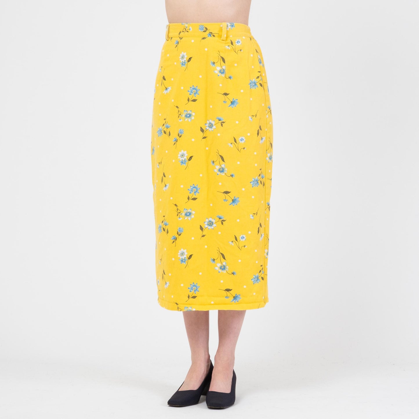 Vintage 90s Yellow Floral Denim Midi Skirt - Small | High Waisted Pencil Jean Skirt