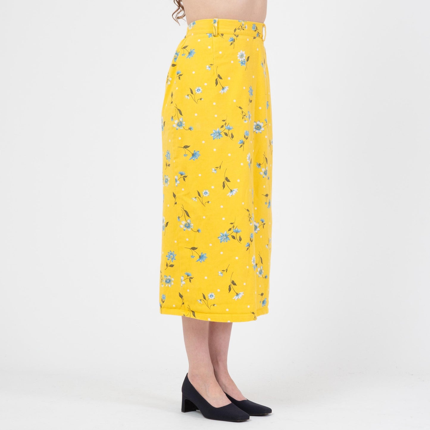 Vintage 90s Yellow Floral Denim Midi Skirt - Small | High Waisted Pencil Jean Skirt