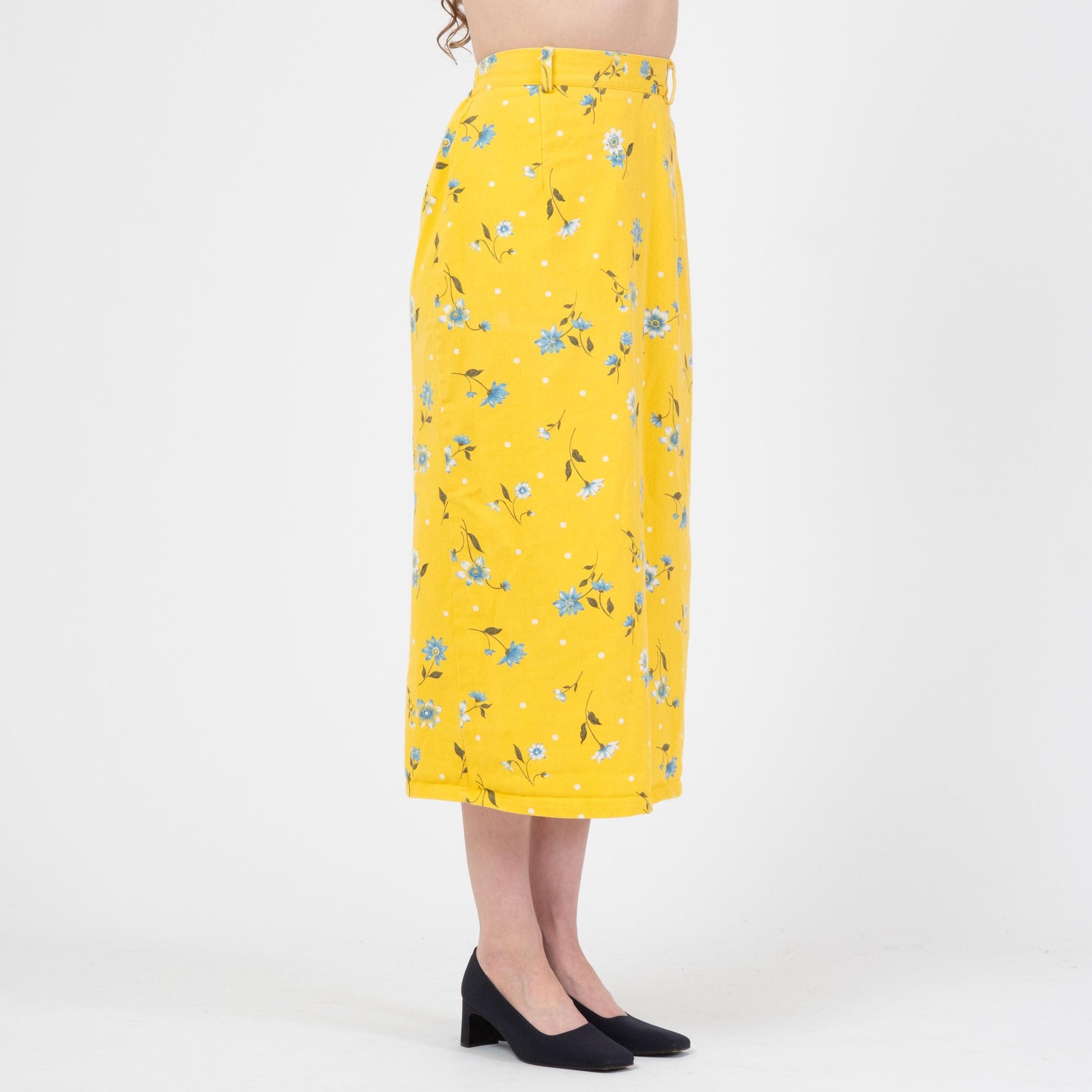 Vintage 90s Yellow Floral Denim Midi Skirt - Small | High Waisted Pencil Jean Skirt