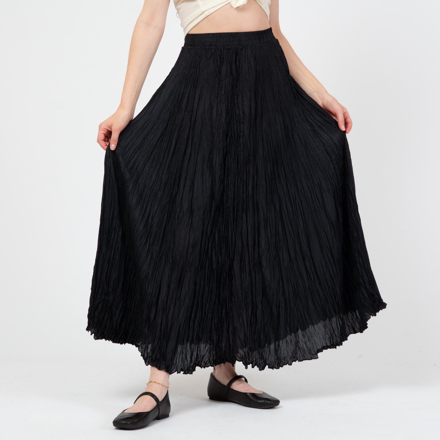 Vintage 90s Black Silk Plisse Maxi Skirt - Medium | Witchy Whimsigoth Long Flowy Festival Skirt