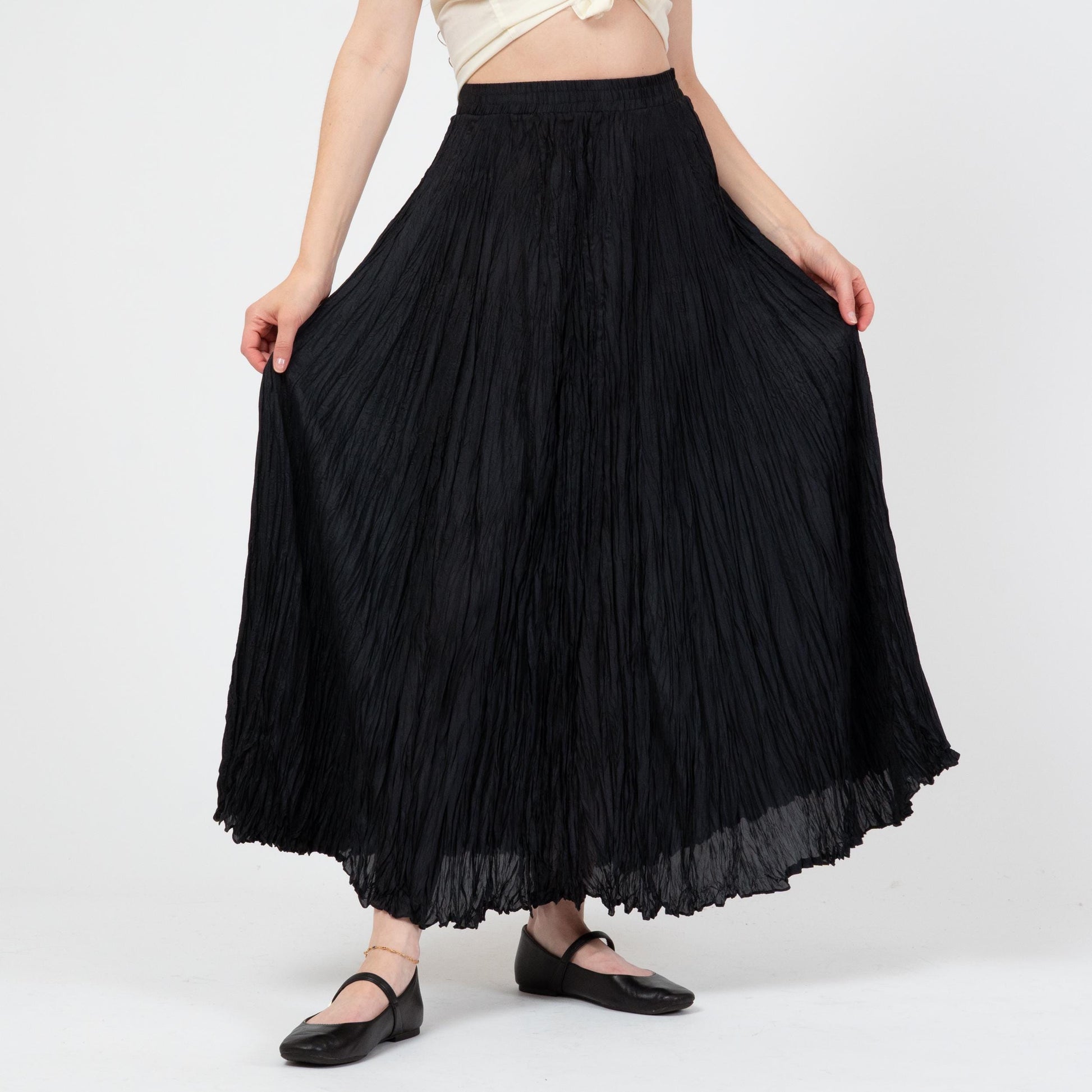 Vintage 90s Black Silk Plisse Maxi Skirt - Medium | Witchy Whimsigoth Long Flowy Festival Skirt