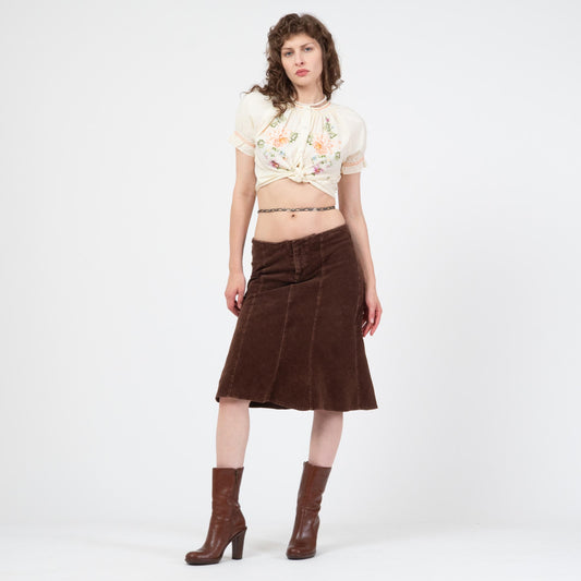 Vintage Y2K Brown Corduroy Midi Trumpet Skirt - Medium | Low Rise Knee Length Skirt