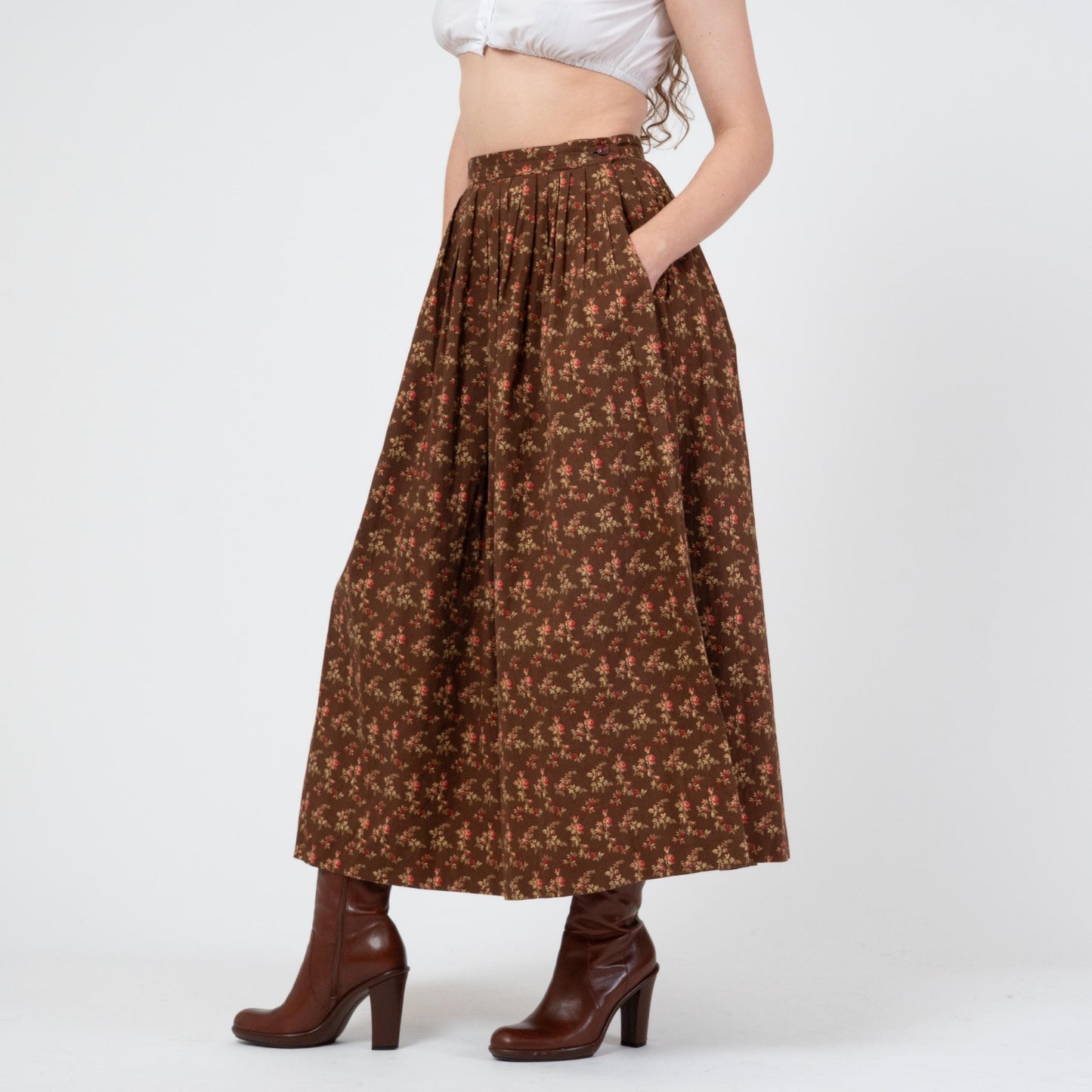 Vintage 80s Ralph Lauren Country Floral Prairie Maxi Skirt - Medium | Brown Cotton Boho Pleated High Waisted Skirt