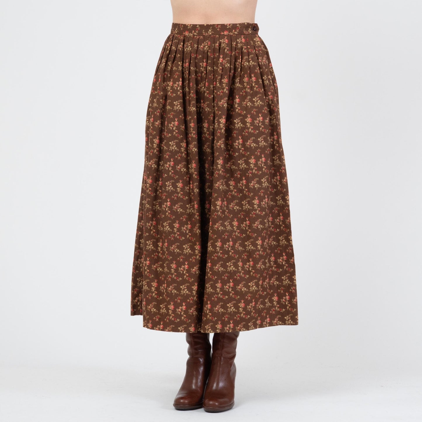 Vintage 80s Ralph Lauren Country Floral Prairie Maxi Skirt - Medium | Brown Cotton Boho Pleated High Waisted Skirt