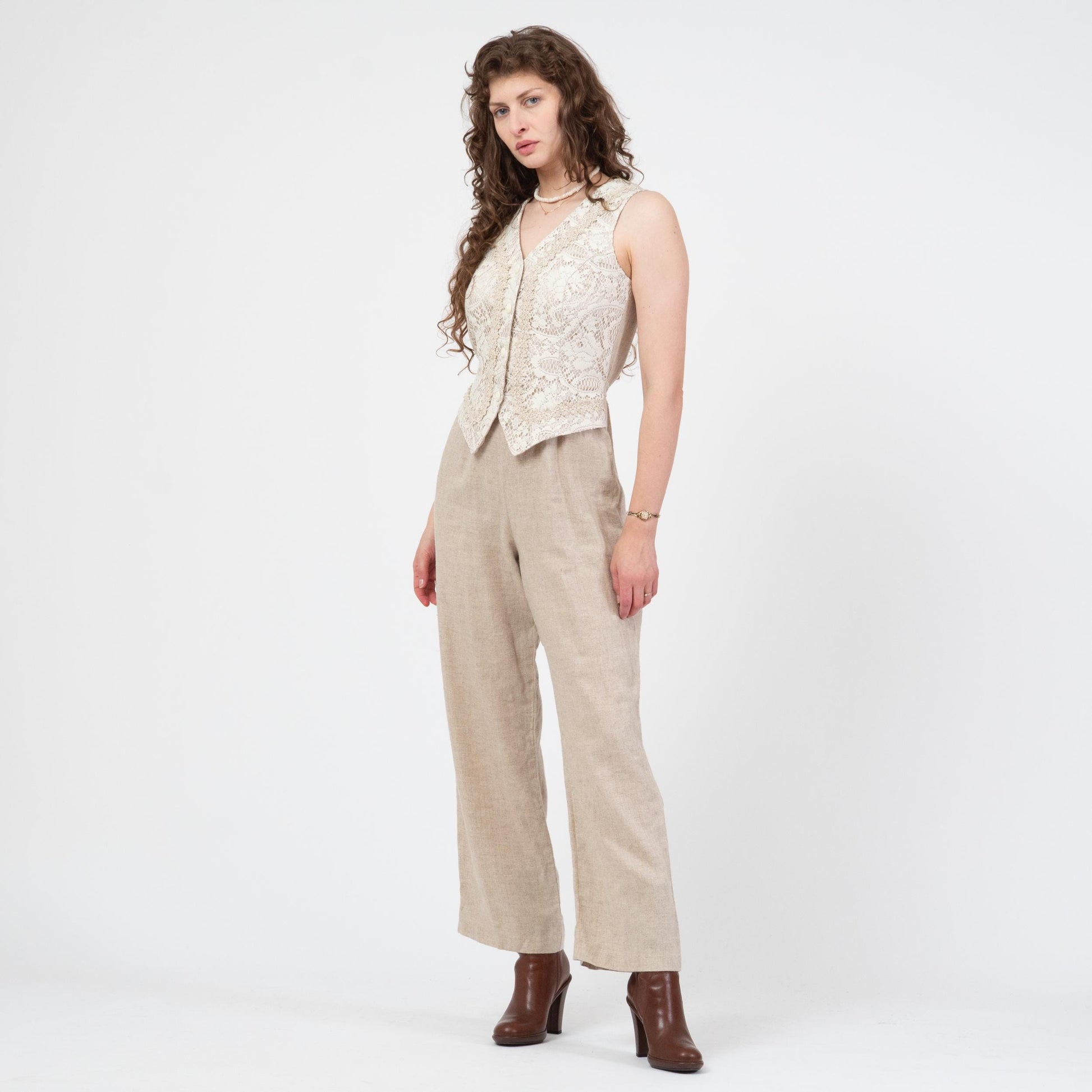 Vintage 90s Oatmeal Linen & Lace Jumpsuit - Medium | Straight Leg Crochet Trim Vest Pantsuit