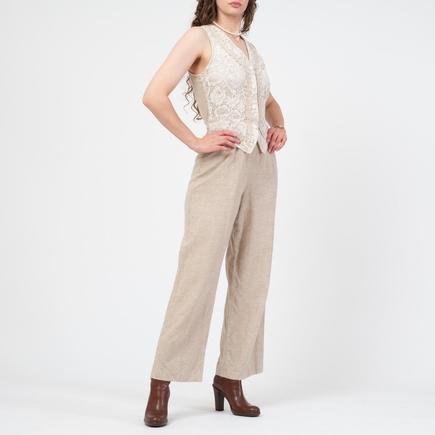 Vintage 90s Oatmeal Linen & Lace Jumpsuit - Medium | Straight Leg Crochet Trim Vest Pantsuit