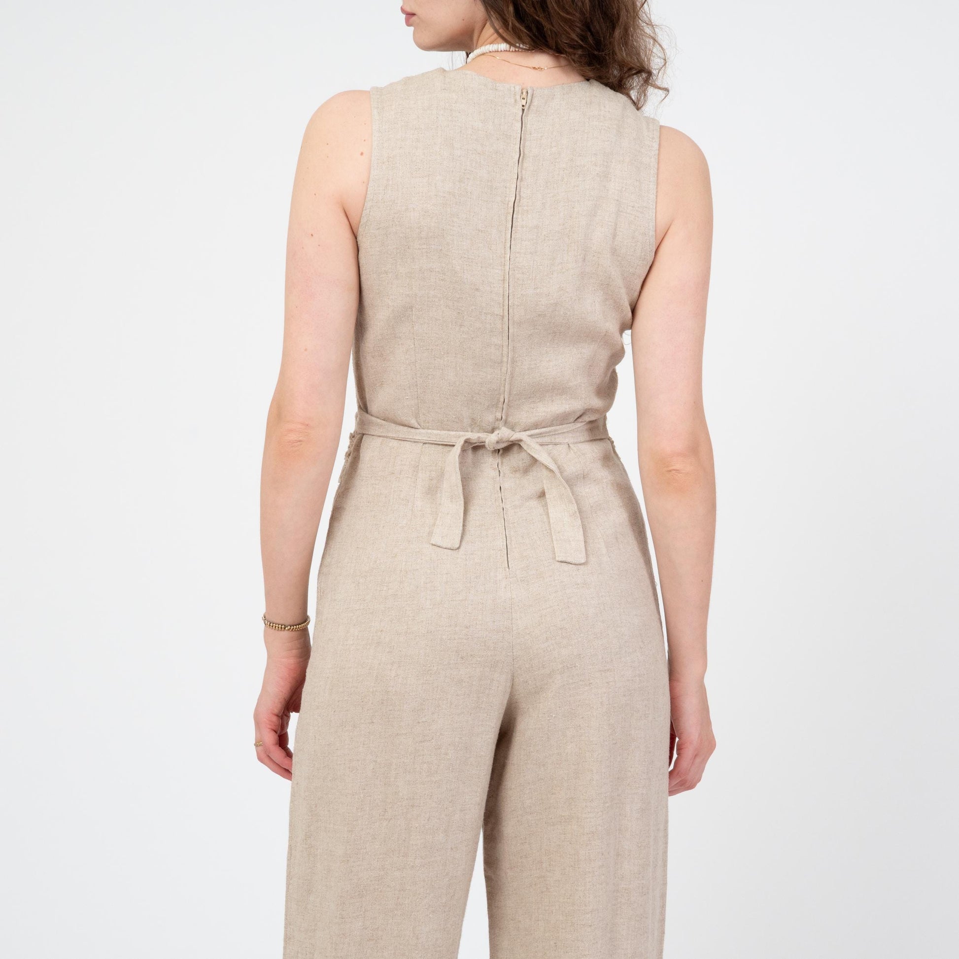 Vintage 90s Oatmeal Linen & Lace Jumpsuit - Medium | Straight Leg Crochet Trim Vest Pantsuit