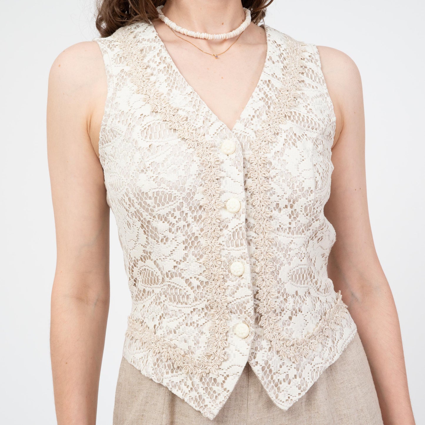 Vintage 90s Oatmeal Linen & Lace Jumpsuit - Medium | Straight Leg Crochet Trim Vest Pantsuit