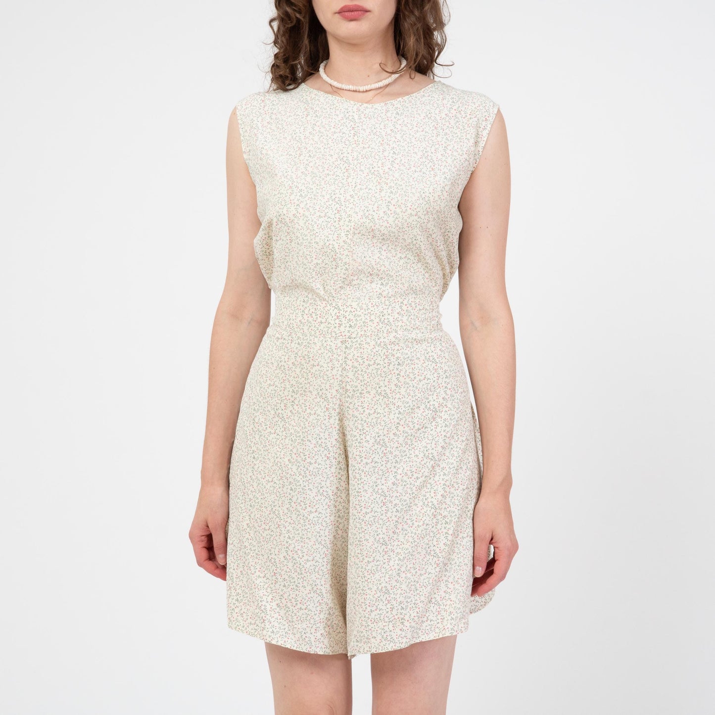Vintage 90s Calico Floral Wrap Romper - Medium to Large | Boho Sleeveless Cream Flower Print Playsuit