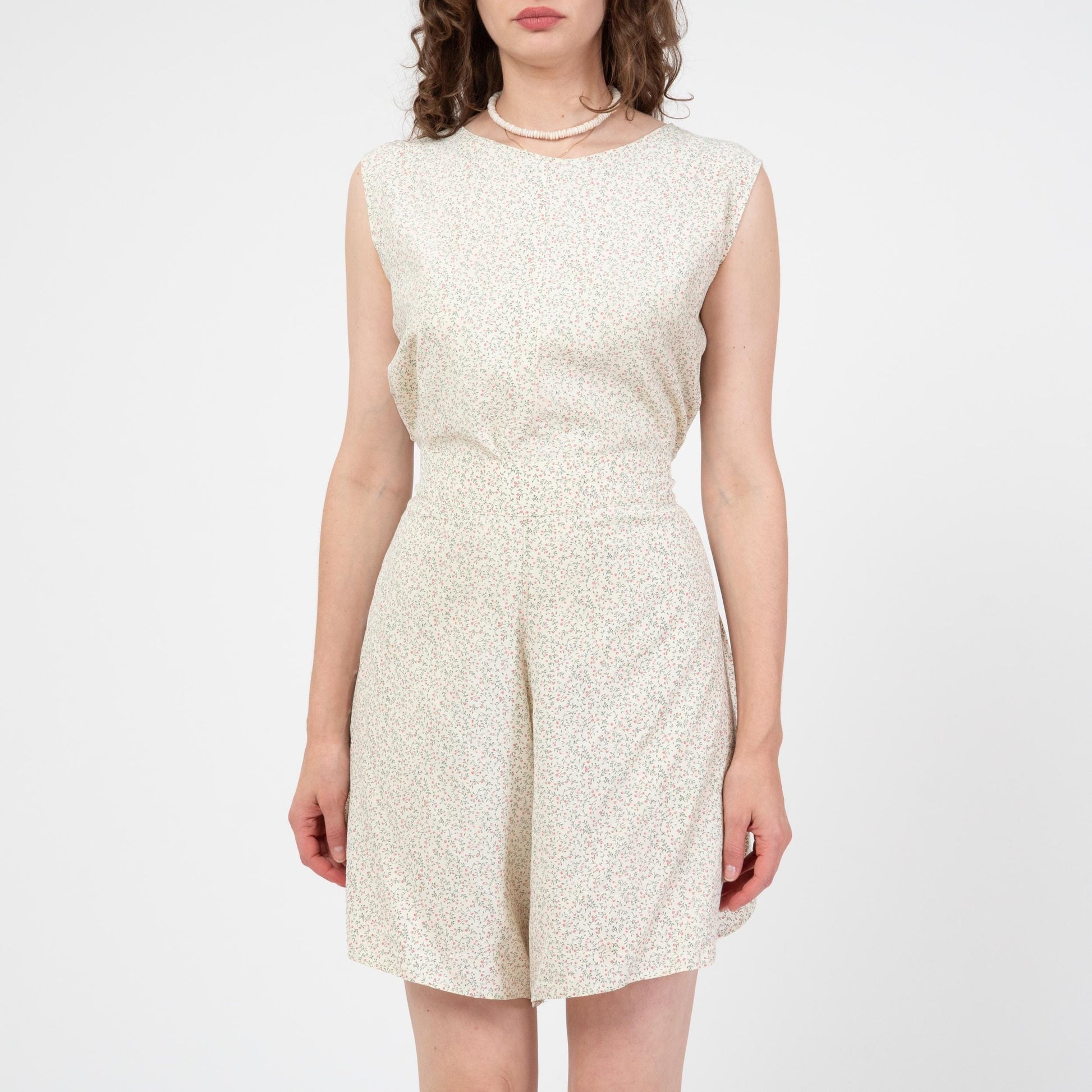 Vintage 90s Calico Floral Wrap Romper - Medium to Large | Boho Sleeveless Cream Flower Print Playsuit