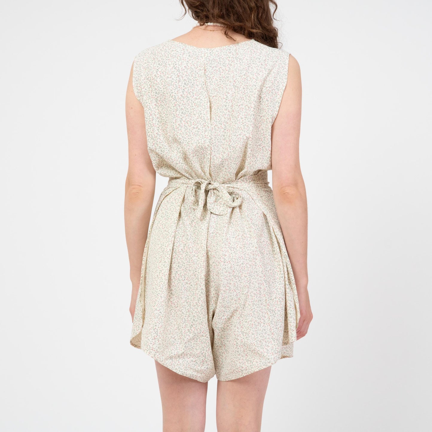 Vintage 90s Calico Floral Wrap Romper - Medium to Large | Boho Sleeveless Cream Flower Print Playsuit