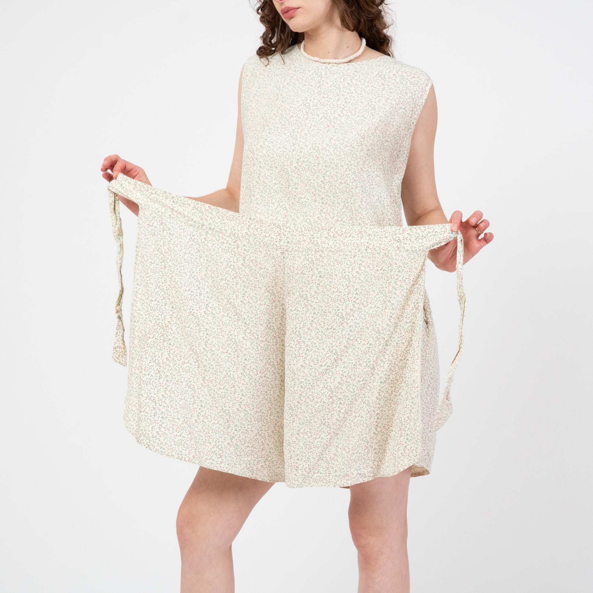 Vintage 90s Calico Floral Wrap Romper - Medium to Large | Boho Sleeveless Cream Flower Print Playsuit