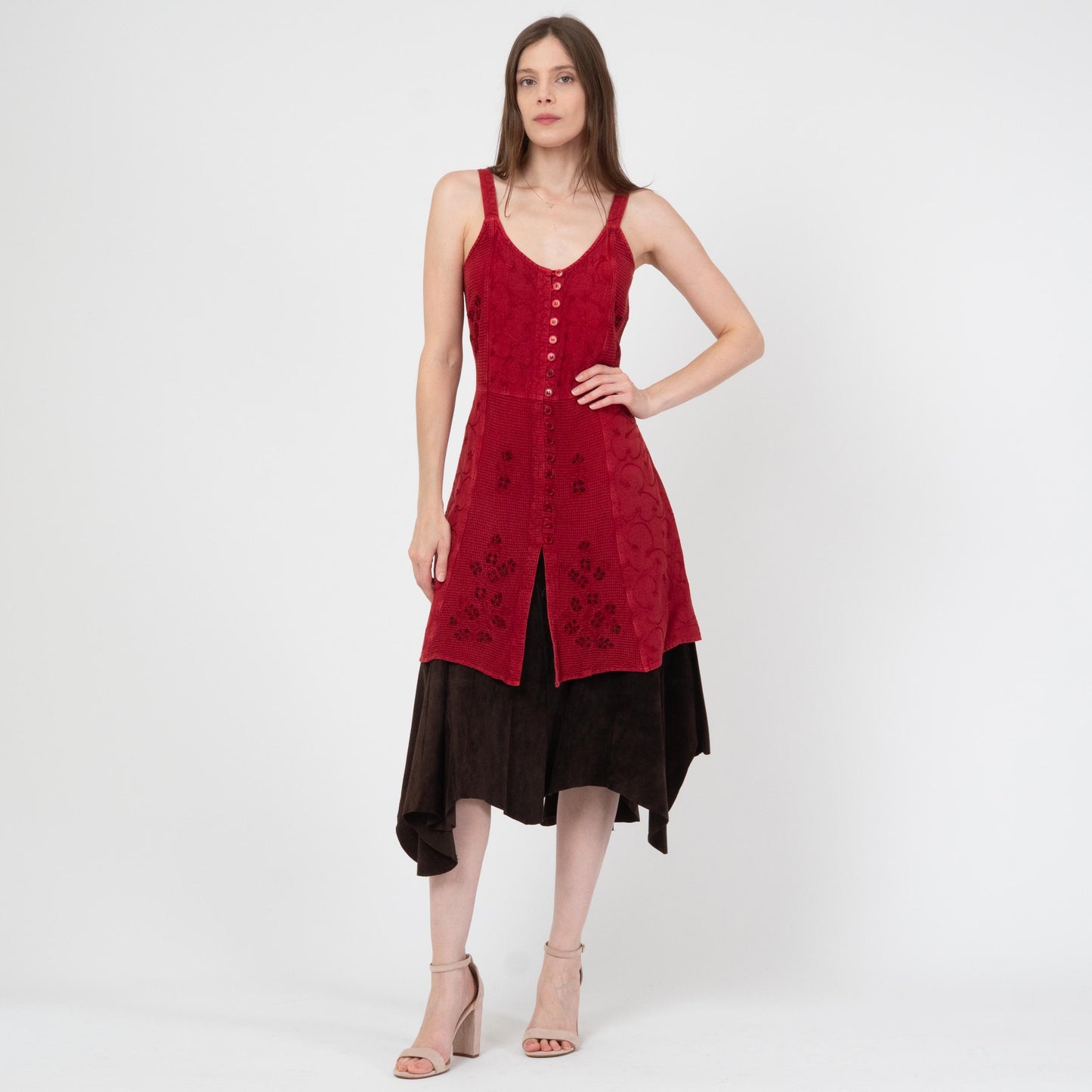 Vintage 90s Boho Red Embroidered Mini Sundress - Small | Rayon Tie Back Summer Layering Dress
