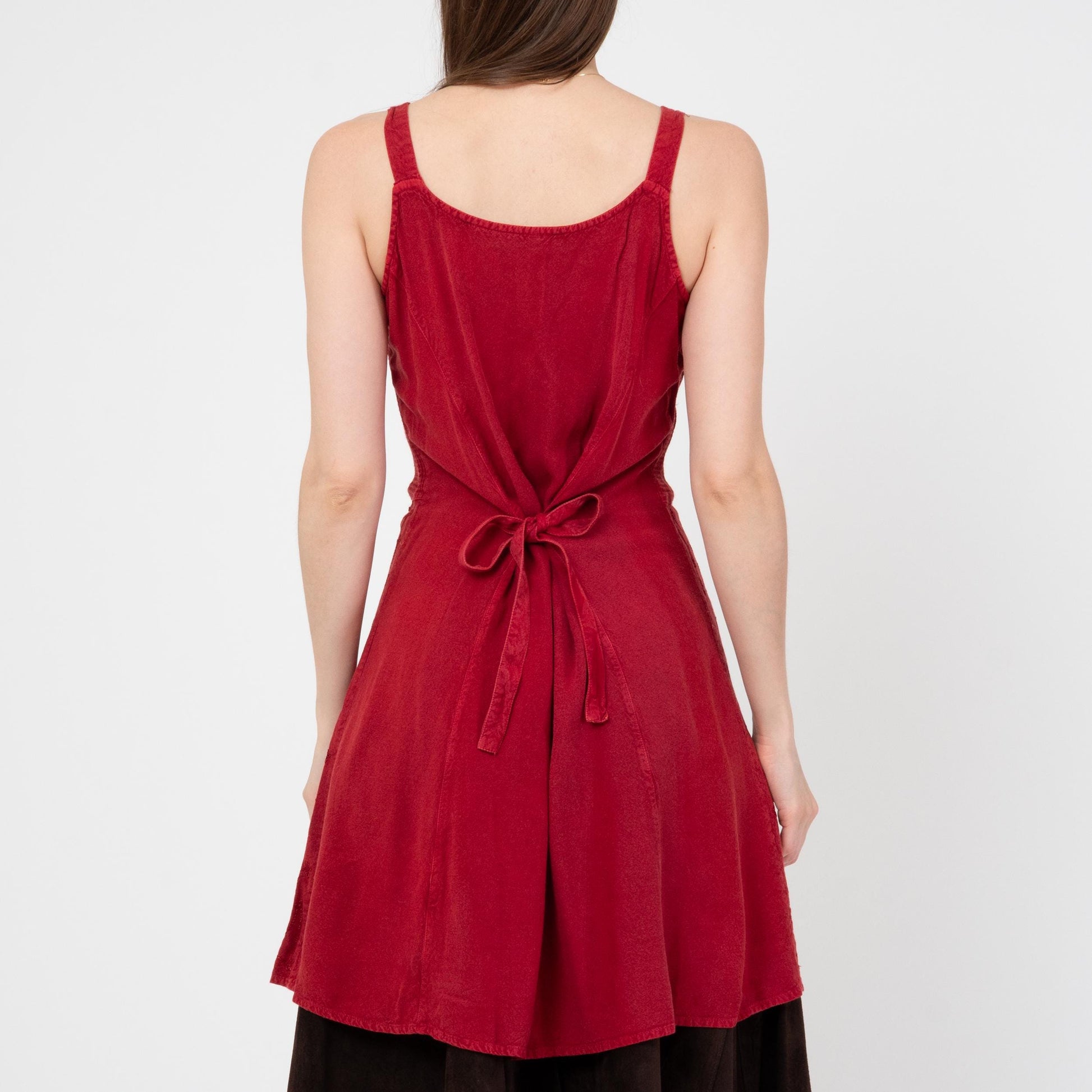 Vintage 90s Boho Red Embroidered Mini Sundress - Small | Rayon Tie Back Summer Layering Dress