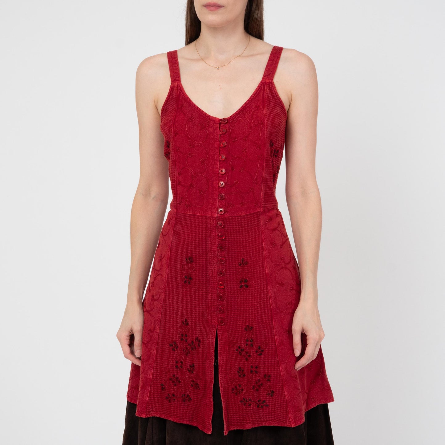 Vintage 90s Boho Red Embroidered Mini Sundress - Small | Rayon Tie Back Summer Layering Dress