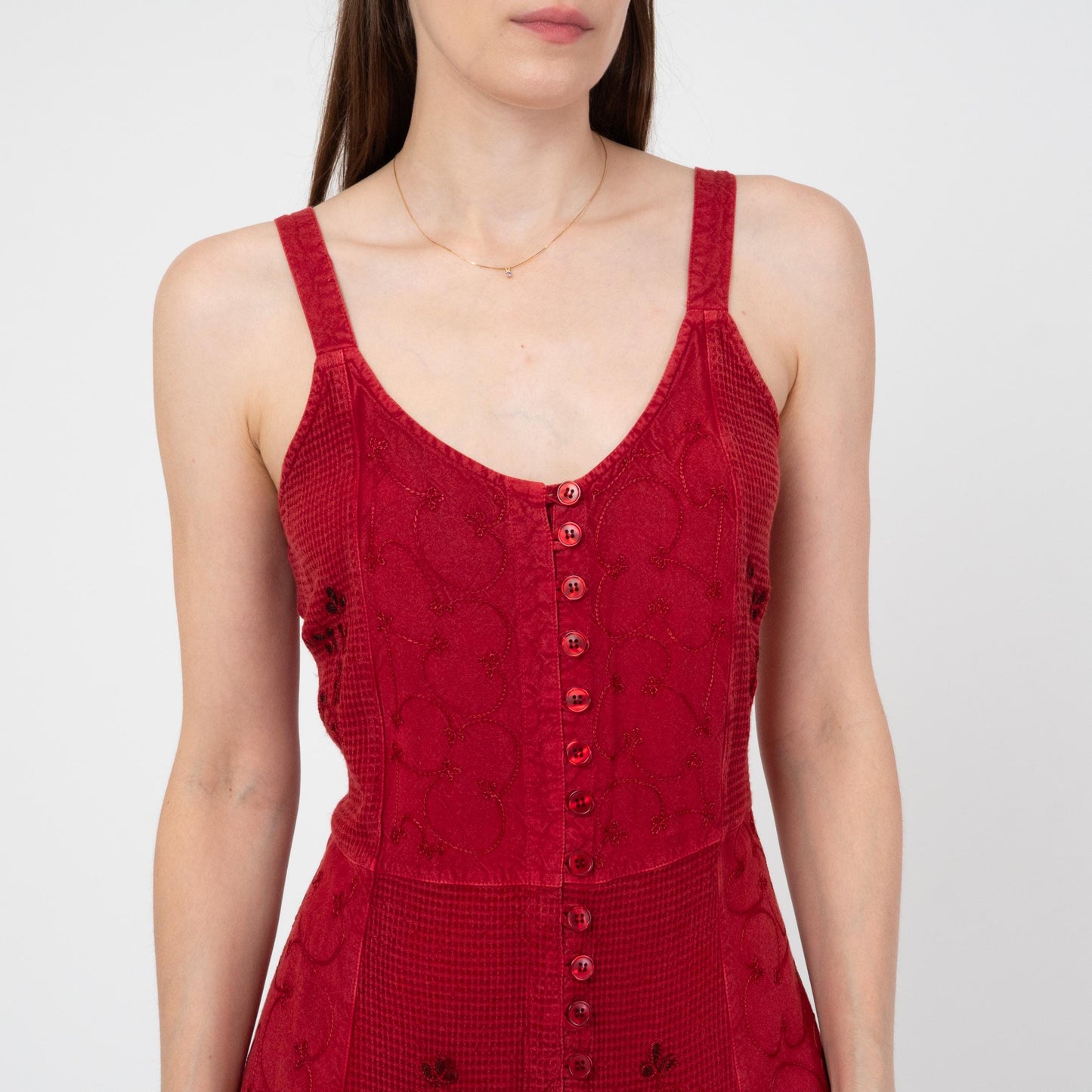 Vintage 90s Boho Red Embroidered Mini Sundress - Small | Rayon Tie Back Summer Layering Dress