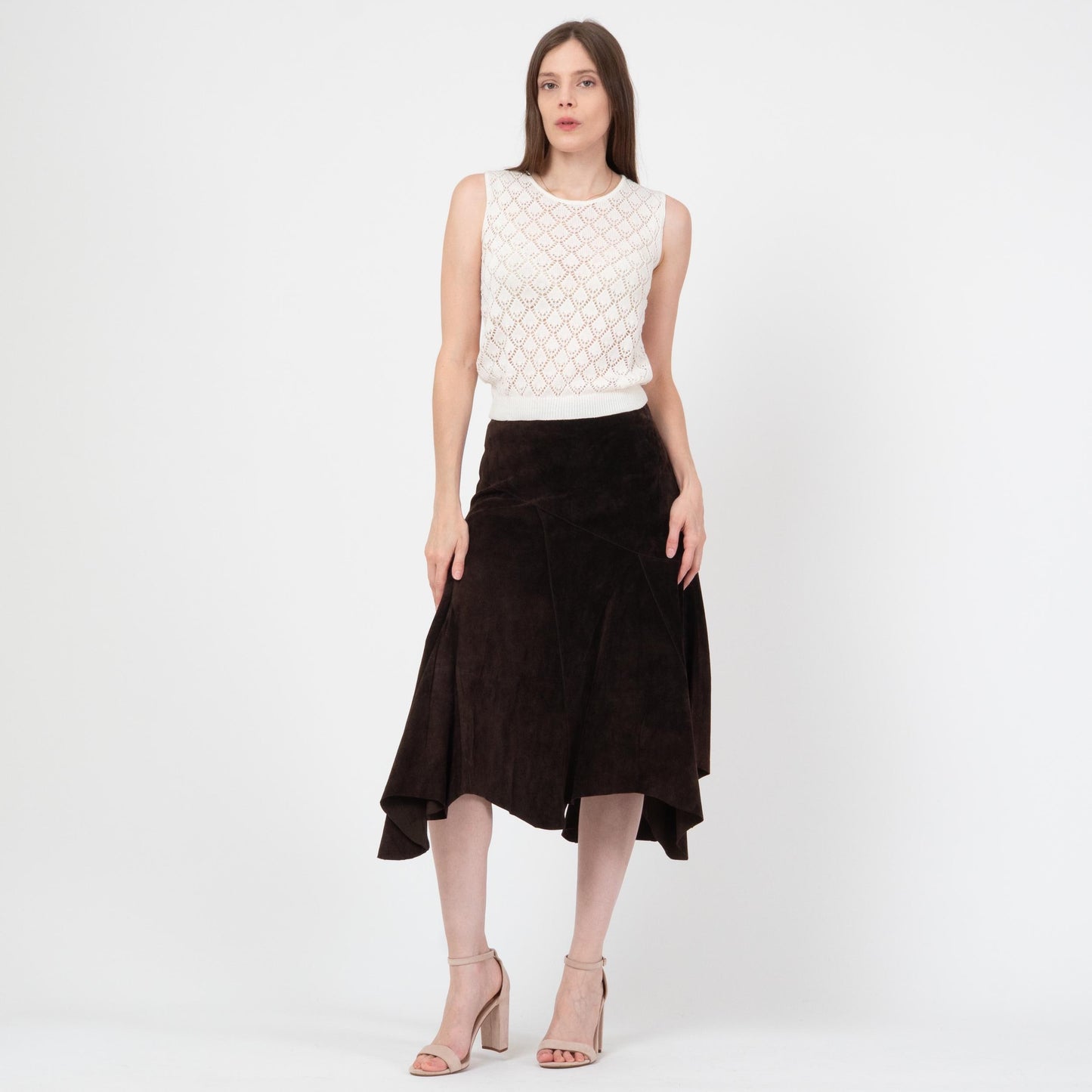 Vintage Y2K Espresso Suede Fairy Midi Skirt - Extra Small | Boho Scarf Hem Leather Skirt