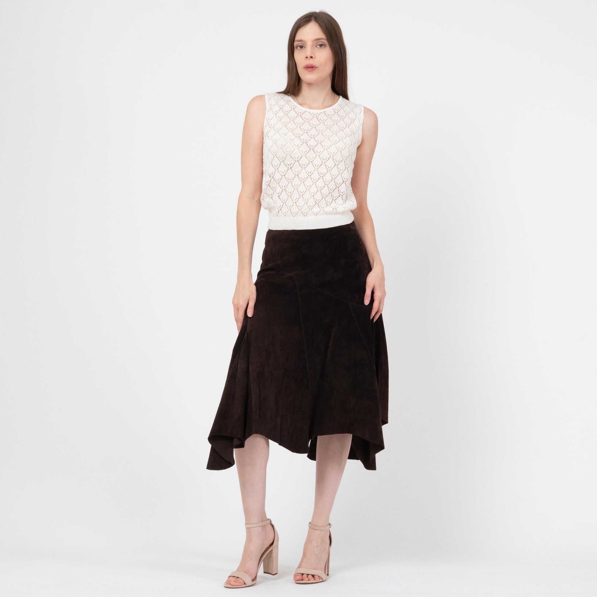 Vintage Y2K Espresso Suede Fairy Midi Skirt - Extra Small | Boho Scarf Hem Leather Skirt