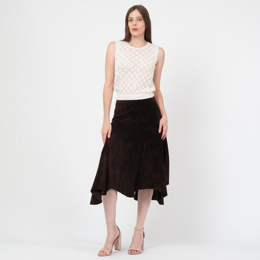Vintage Y2K Espresso Suede Fairy Midi Skirt - Extra Small | Boho Scarf Hem Leather Skirt