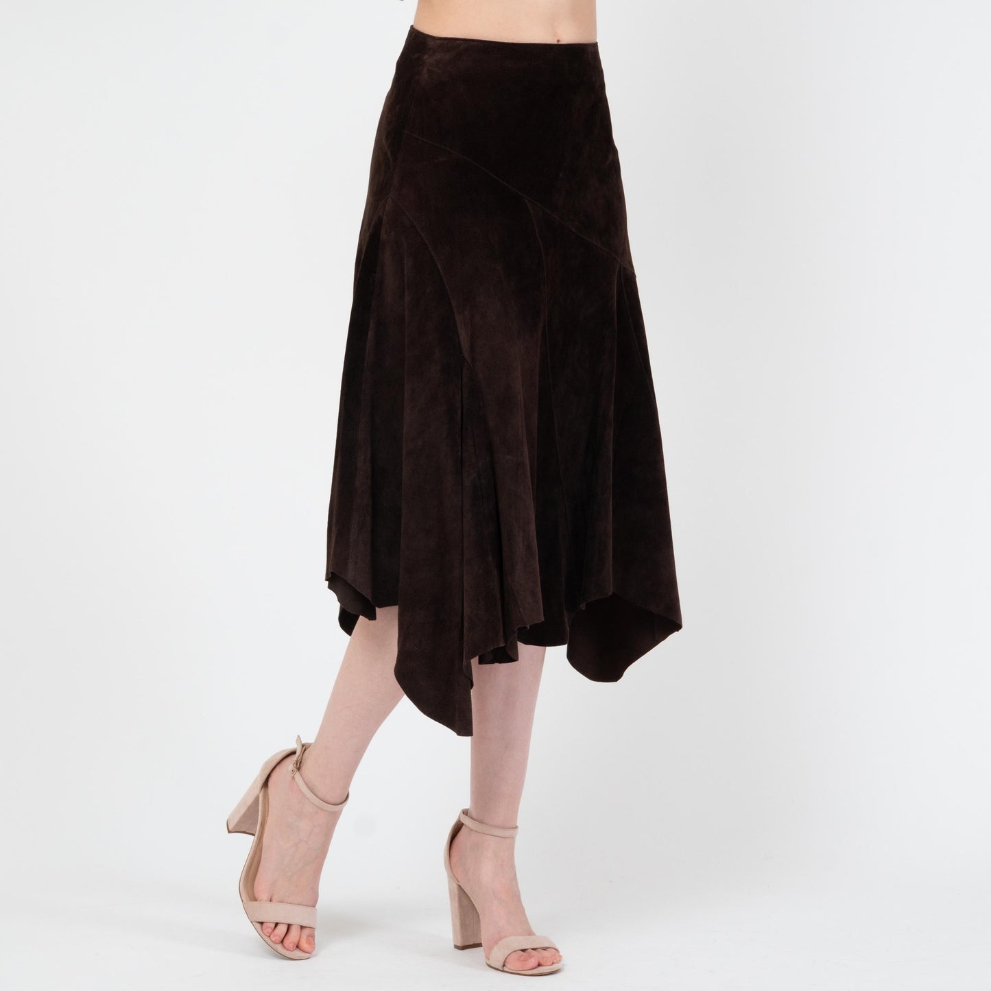 Vintage Y2K Espresso Suede Fairy Midi Skirt - Extra Small | Boho Scarf Hem Leather Skirt