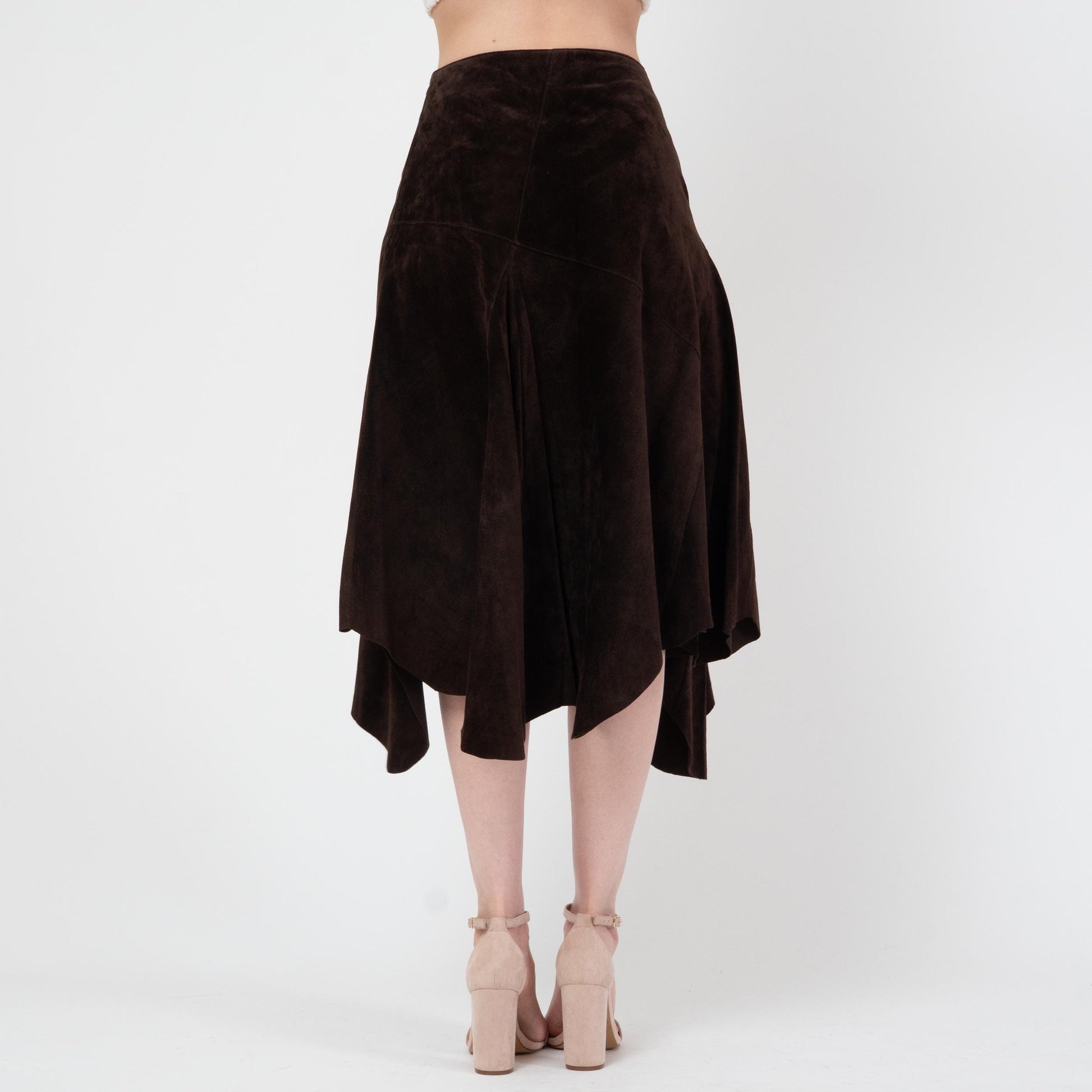 Vintage Y2K Espresso Suede Fairy Midi Skirt - Extra Small | Boho Scarf Hem Leather Skirt