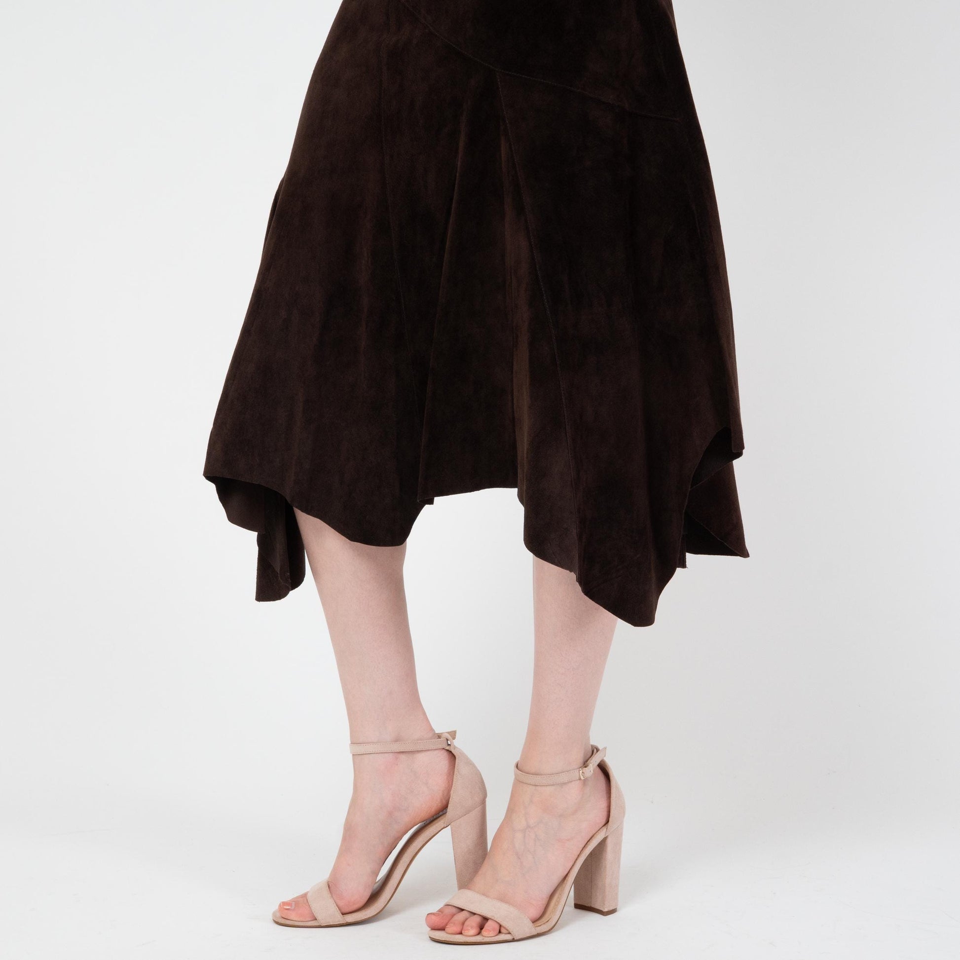 Vintage Y2K Espresso Suede Fairy Midi Skirt - Extra Small | Boho Scarf Hem Leather Skirt